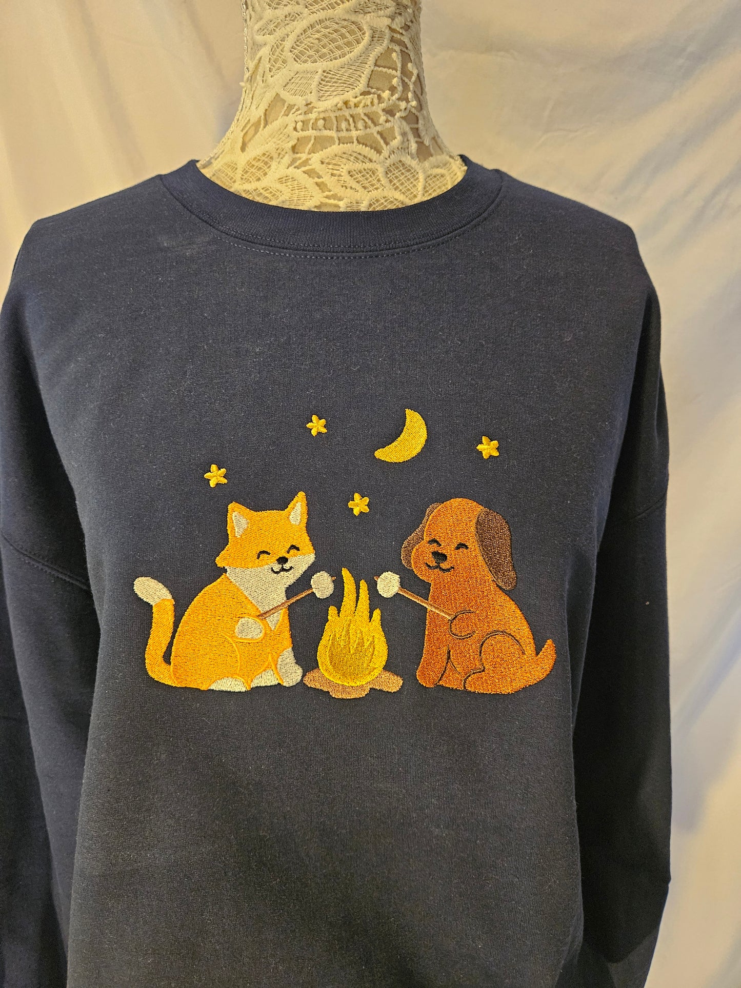 Cozy Campfire Friends Embroidered Sweatshirt | Fox & Dog Roasting Marshmallows | Fall Camping Crewneck or Hoodie