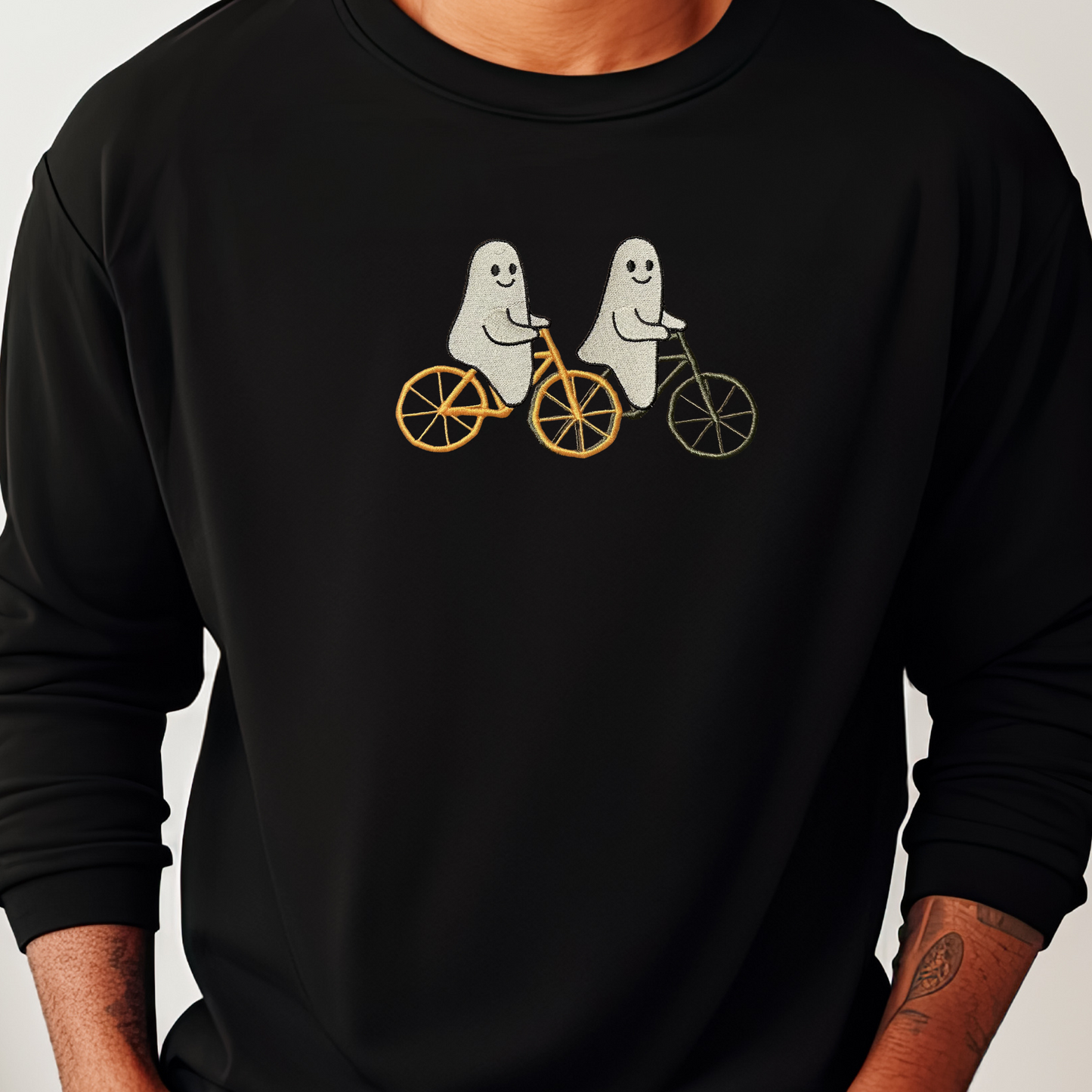 Halloween Ghost Sweatshirt, Embroidered Crewneck or Hoodie, Ghost Friends on Bikes, Fall Embroidery Pullover
