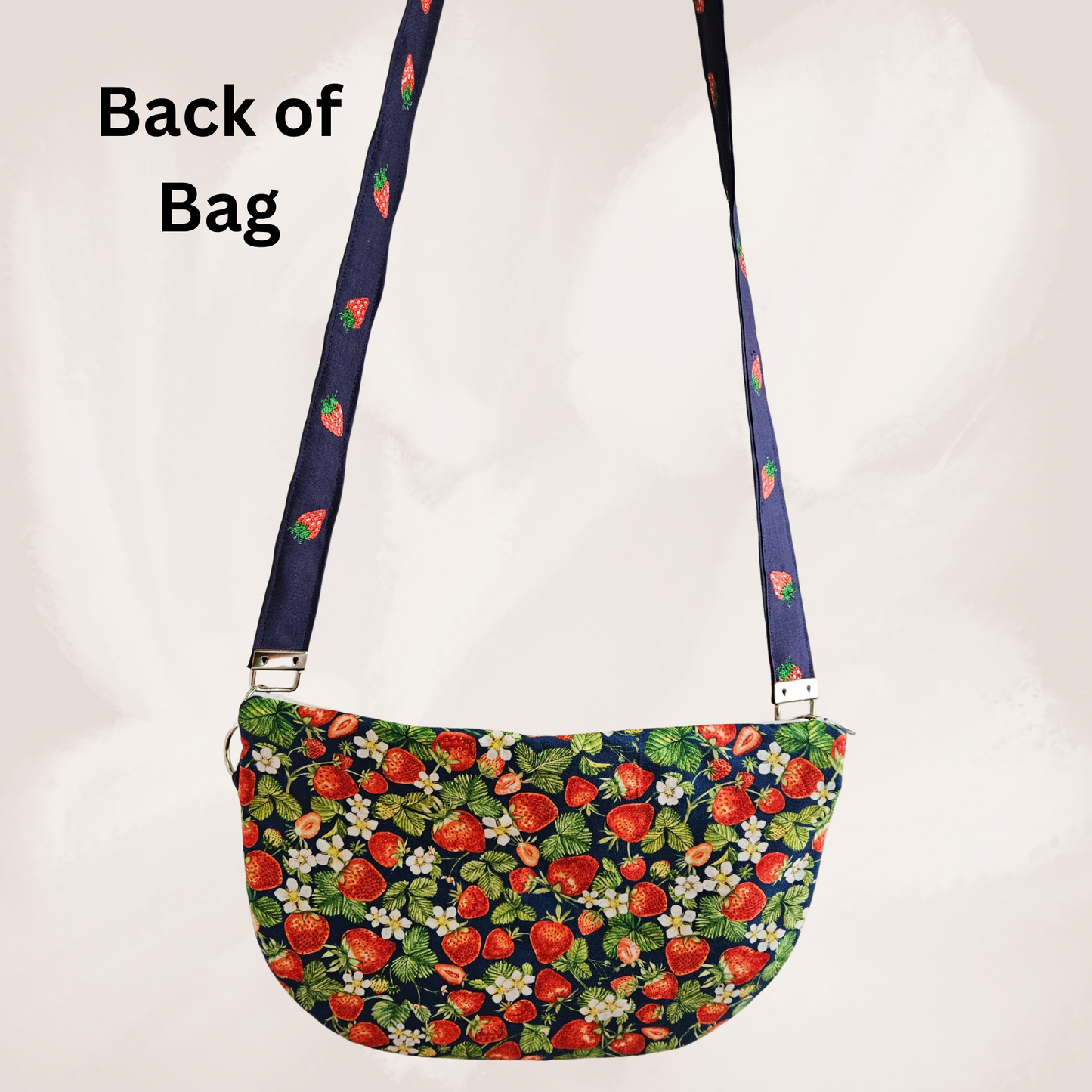 Handmade Navy Strawberry Crossbody Bag – Embroidered Cotton Purse with Fixed Strap – Summer Fruit Shoulder Bag
