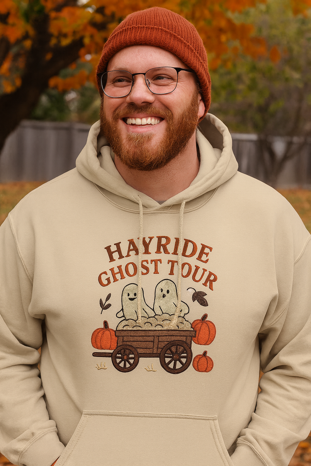 Hayride Ghost Tour Embroidered Sweatshirt | Fall Halloween Crewneck or Hoodie | Ghosts with Pumpkins & Hay Wagon | Autumn Cozy Sweatshirt
