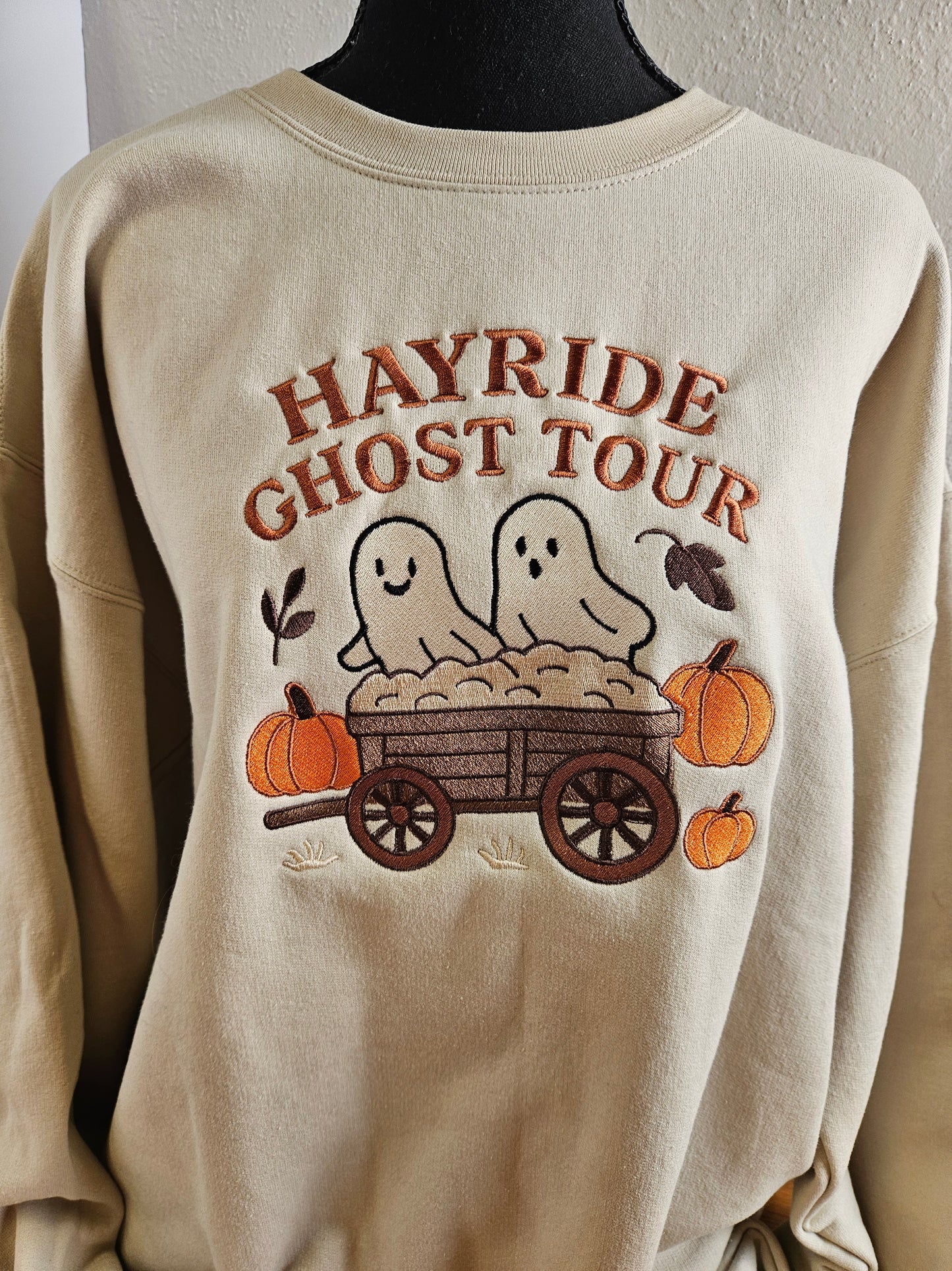 Hayride Ghost Tour Embroidered Sweatshirt | Fall Halloween Crewneck or Hoodie | Ghosts with Pumpkins & Hay Wagon | Autumn Cozy Sweatshirt