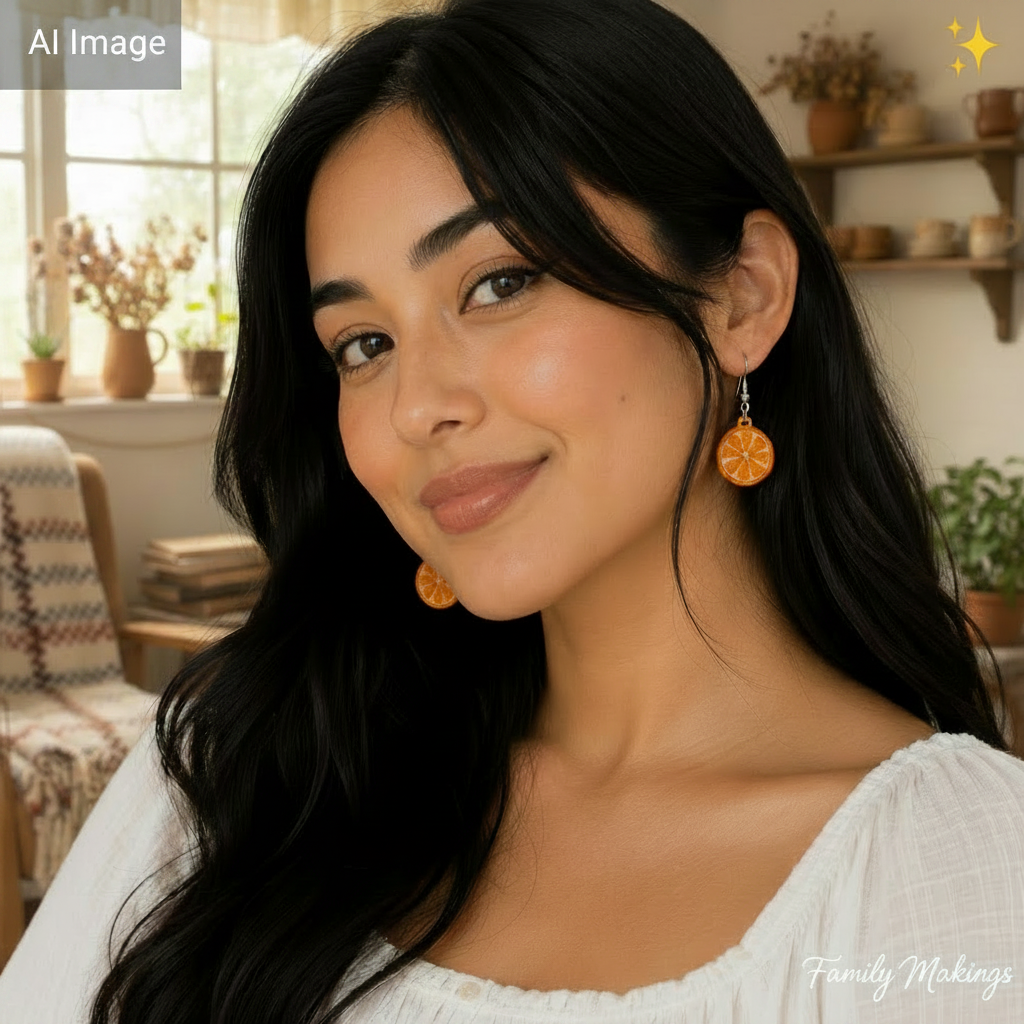 Person wearing embroidered orange slice earrings