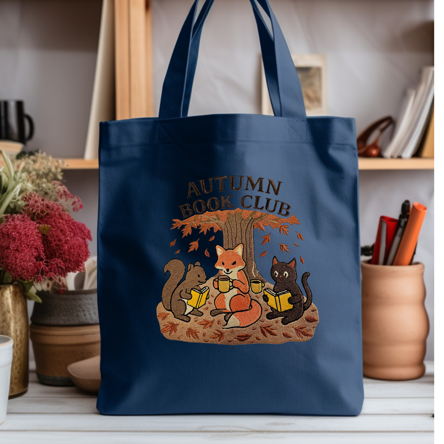 Autumn Book Club Tote Bag – Embroidered Fall Tote, Fox Cat Squirrel Design, Book Lover Gift, Made to Order Canvas Bag