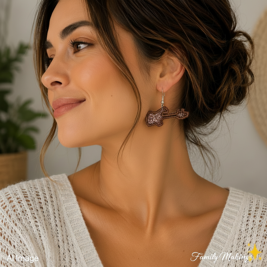 A person wearing embroidered guitar earring