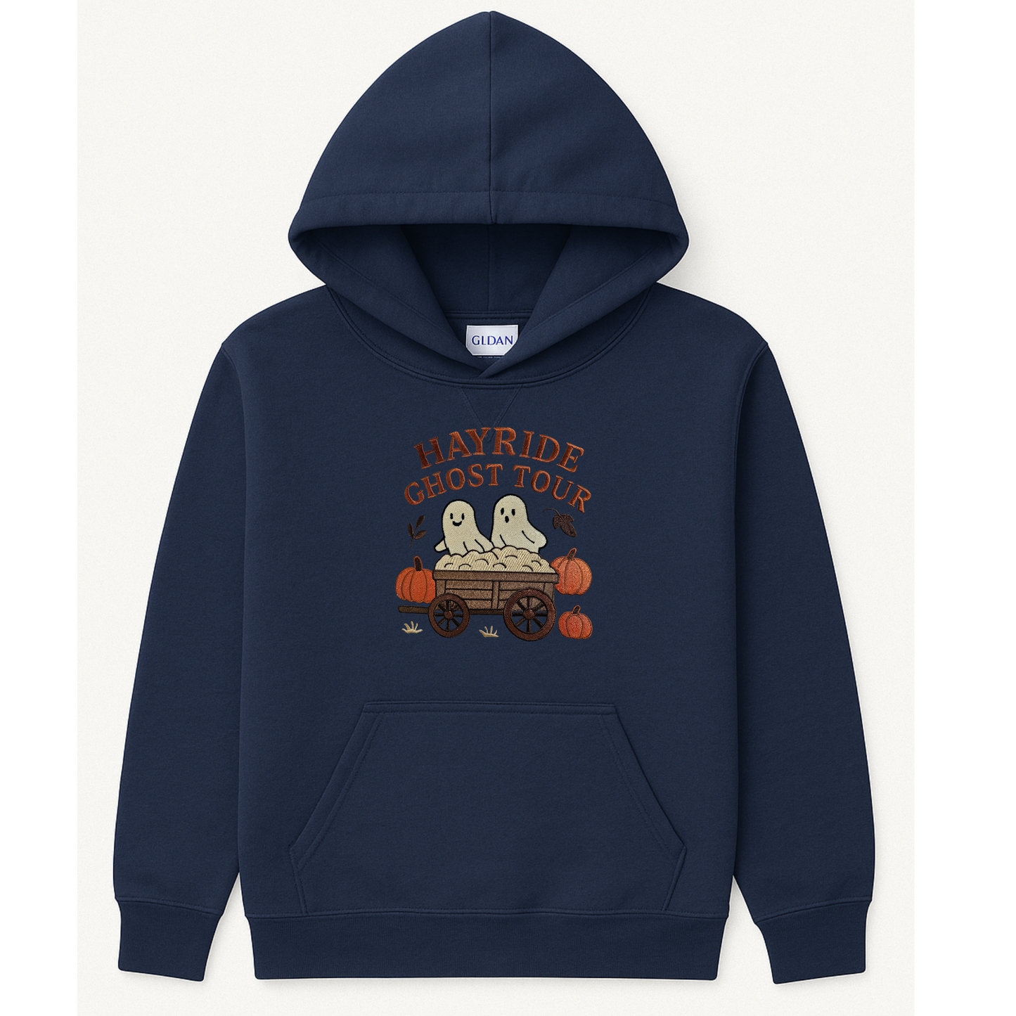 Hayride Ghost Tour Embroidered Sweatshirt | Fall Halloween Crewneck or Hoodie | Ghosts with Pumpkins & Hay Wagon | Autumn Cozy Sweatshirt