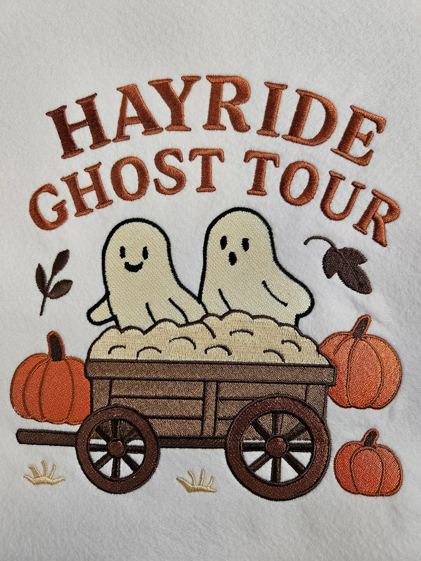 Hayride Ghost Tour Embroidered Sweatshirt | Fall Halloween Crewneck or Hoodie | Ghosts with Pumpkins & Hay Wagon | Autumn Cozy Sweatshirt