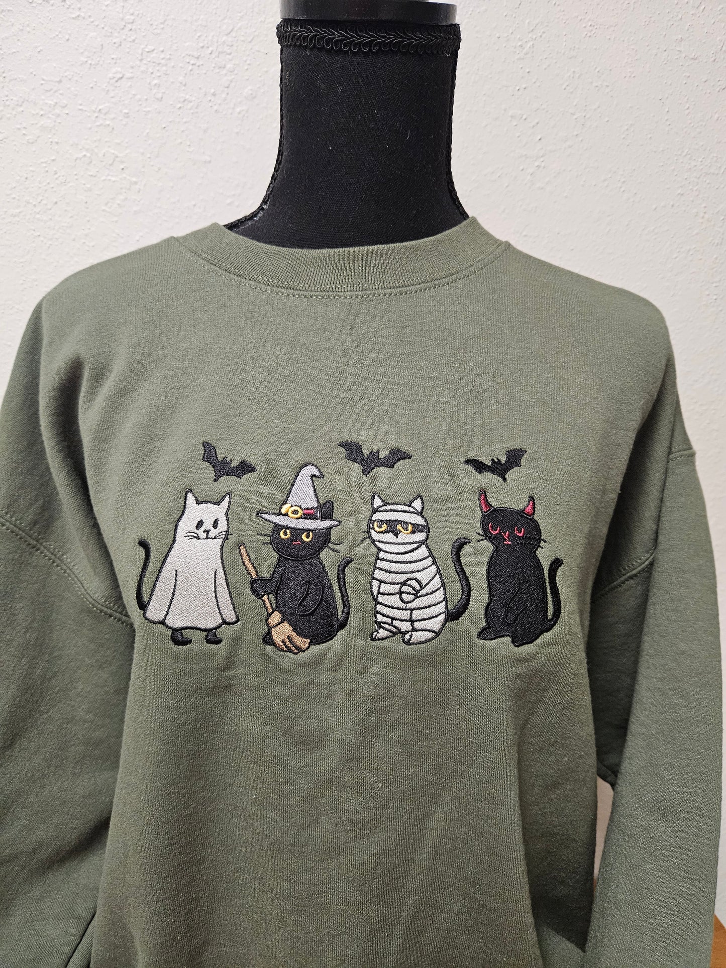 Embroidered Halloween Cat Sweatshirt – Ghost, Witch, Mummy & Devil Cats – Crewneck or Hoodie – Fall Spooky Season Sweater