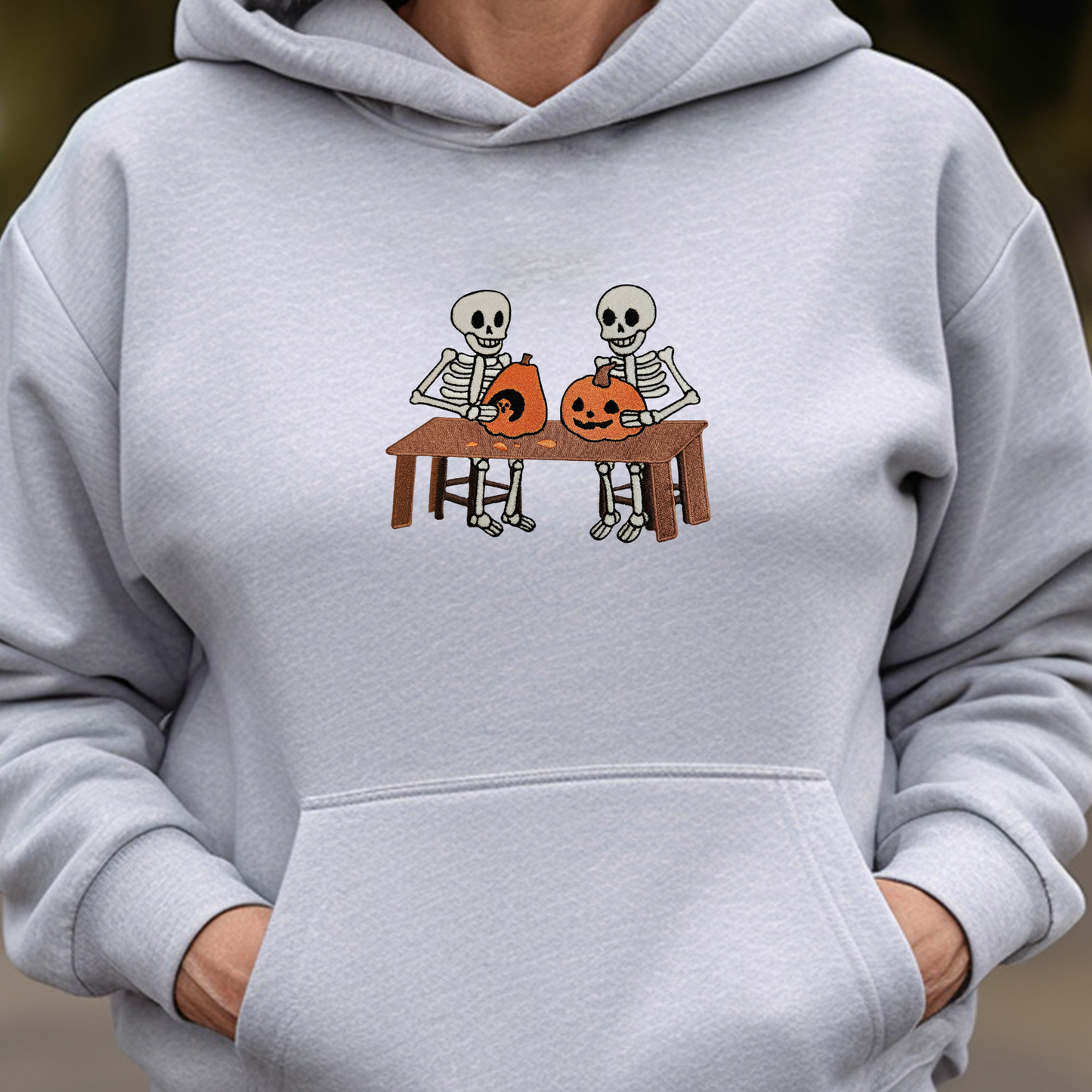 Skeletons Carving Pumpkins Embroidered Sweatshirt | Custom Halloween Crewneck or Hoodie | 10 Colors | Made to Order