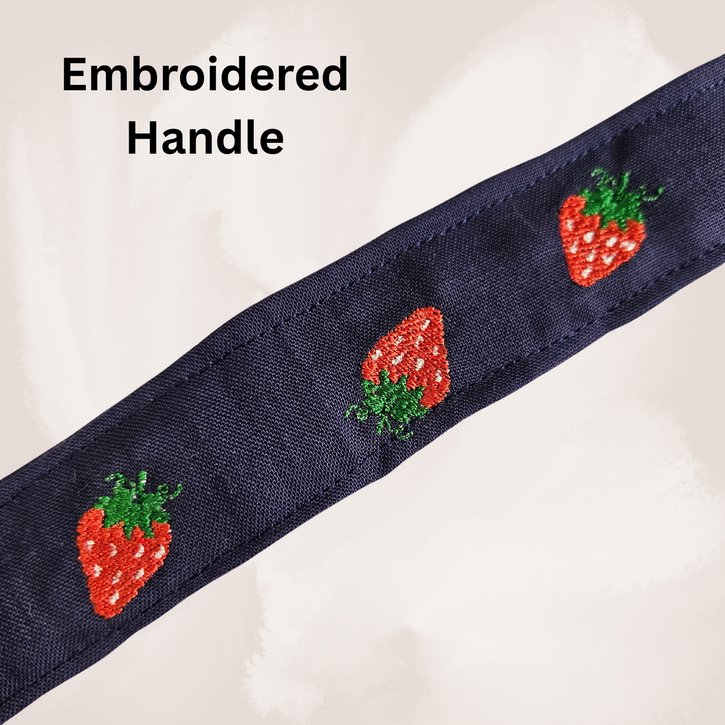 Handmade Navy Strawberry Crossbody Bag – Embroidered Cotton Purse with Fixed Strap – Summer Fruit Shoulder Bag