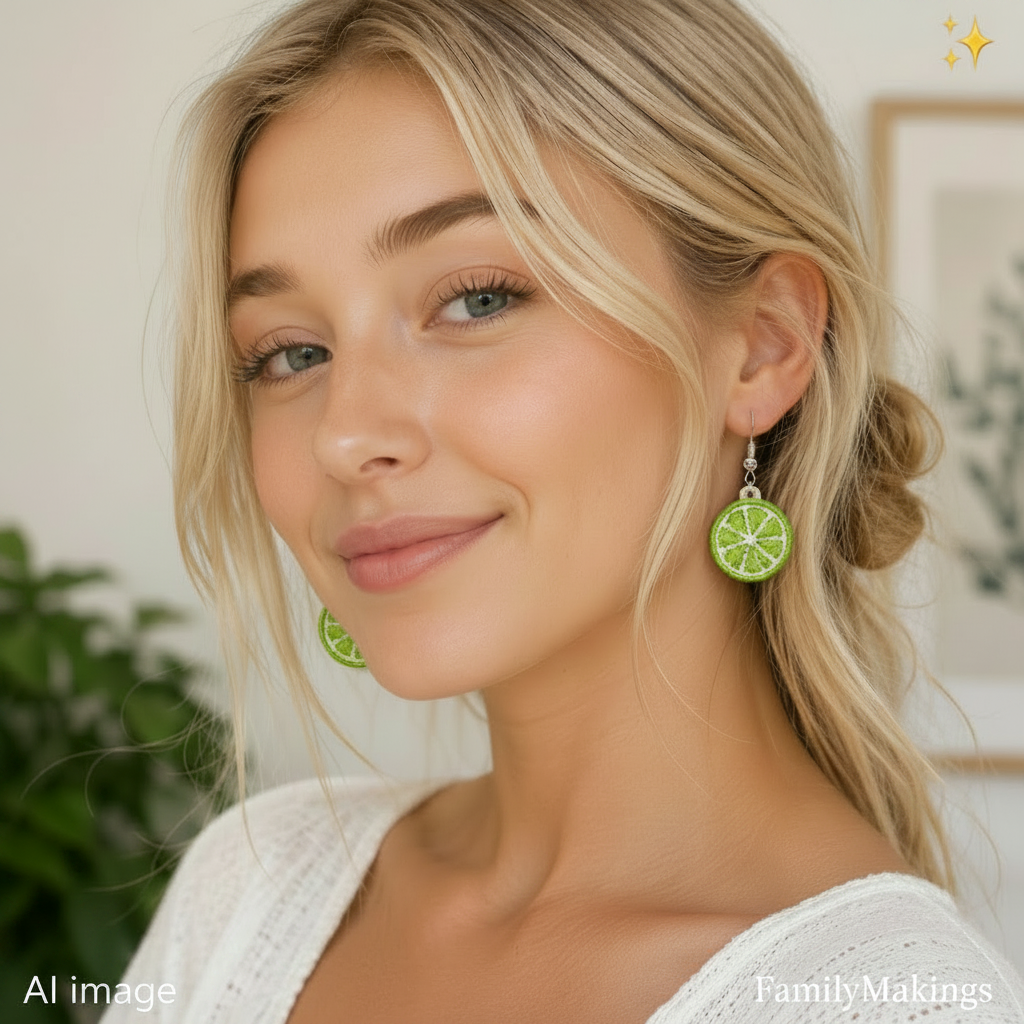 Person wearing embroidered lime slice earrngs
