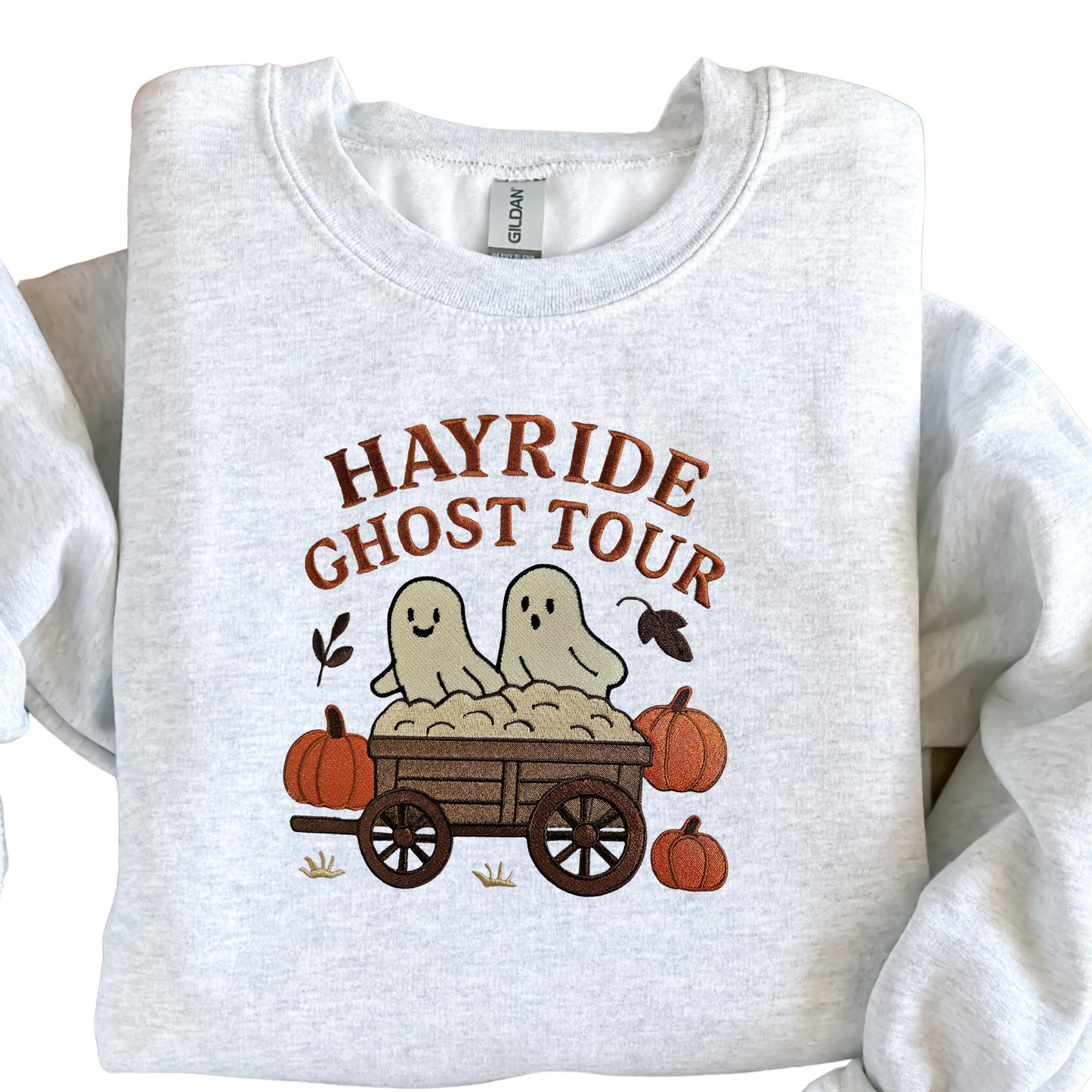 Hayride Ghost Tour Embroidered Sweatshirt | Fall Halloween Crewneck or Hoodie | Ghosts with Pumpkins & Hay Wagon | Autumn Cozy Sweatshirt