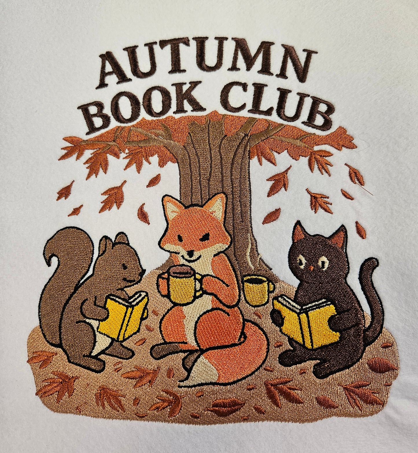 Autumn Book Club Tote Bag – Embroidered Fall Tote, Fox Cat Squirrel Design, Book Lover Gift, Made to Order Canvas Bag