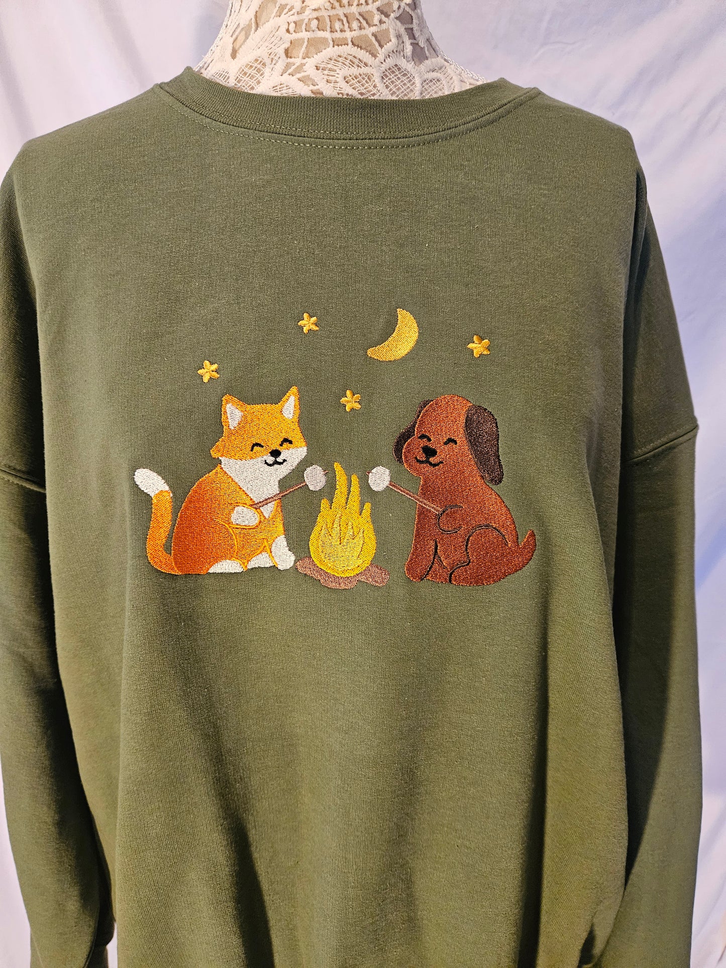 Cozy Campfire Friends Embroidered Sweatshirt | Fox & Dog Roasting Marshmallows | Fall Camping Crewneck or Hoodie