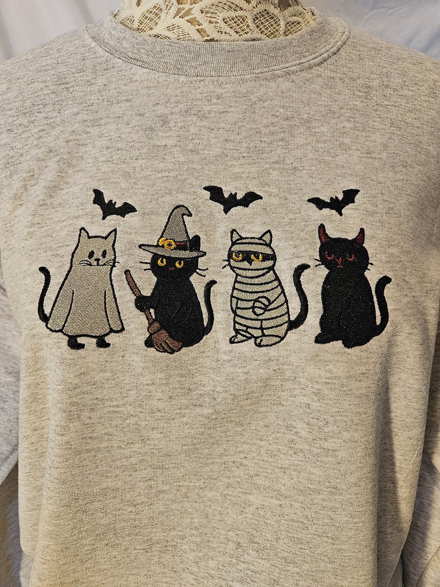 Embroidered Halloween Cat Sweatshirt – Ghost, Witch, Mummy & Devil Cats – Crewneck or Hoodie – Fall Spooky Season Sweater