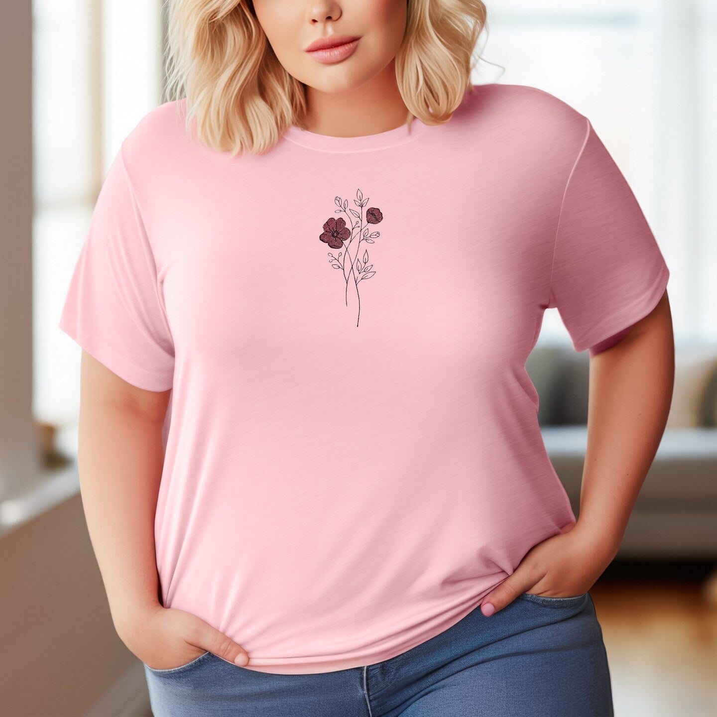 Embroidered T-shirt Flower Womens Tee Shirt Gift Unisex Comfy Pullover Shirt Teen Present Embroidered Custom Crewneck T-shirt