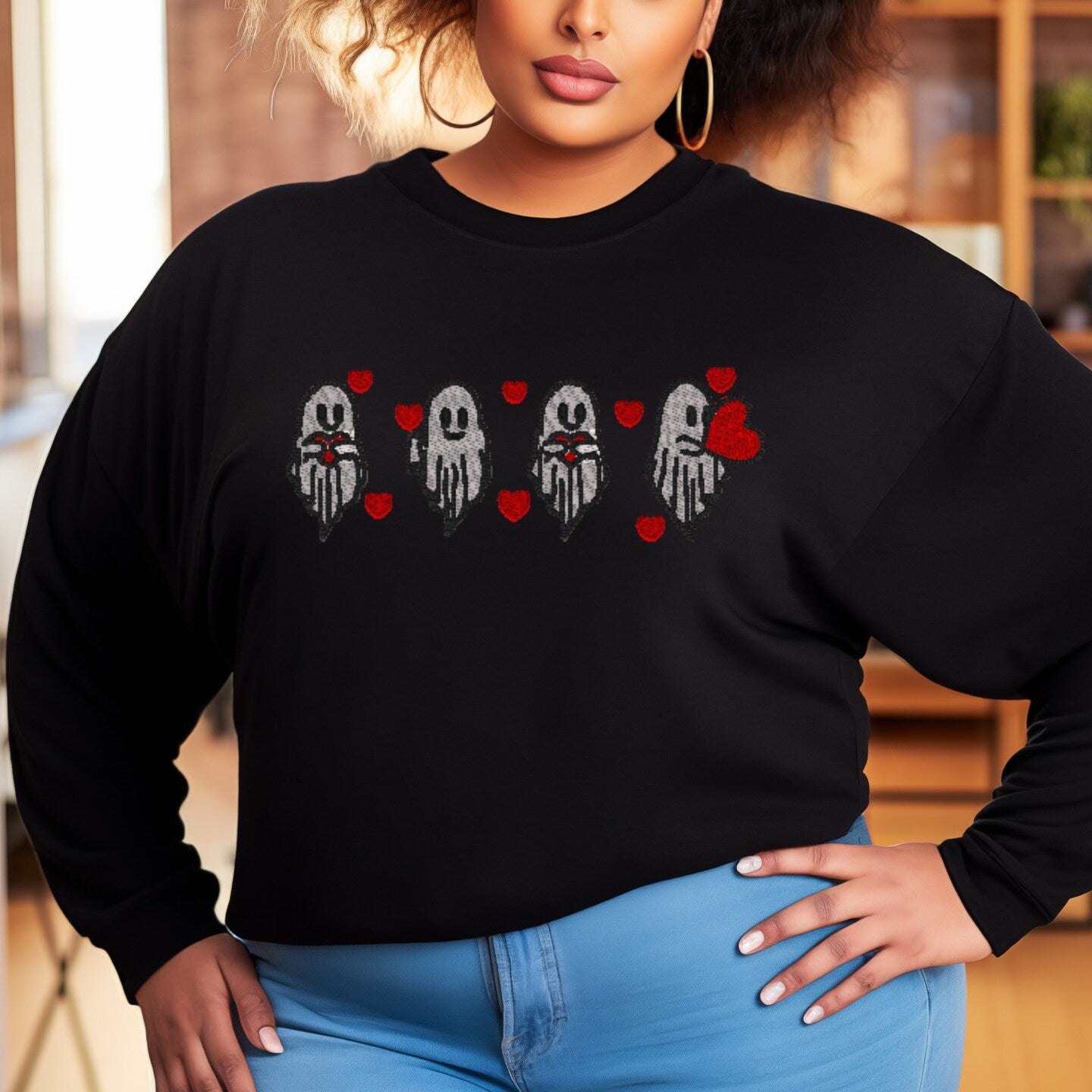 Embroidered Sweatshirt Ghosts and Hearts Mothers Day Gift Soft Comfy Sweater Gift Custom Unisex Hoodie Custom Crewneck Present