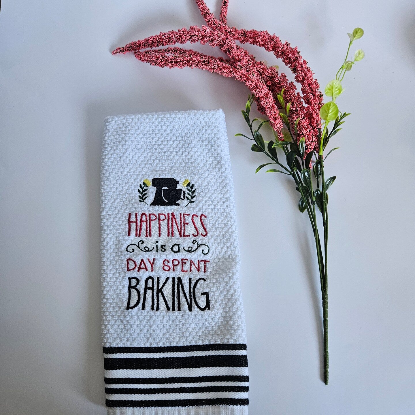 Embroidered Kitchen Towel Happiness Baking Thank You Gift Home Decor Cloth Custom Embroidered Tea Towel Housewarming Present Wedding Gift