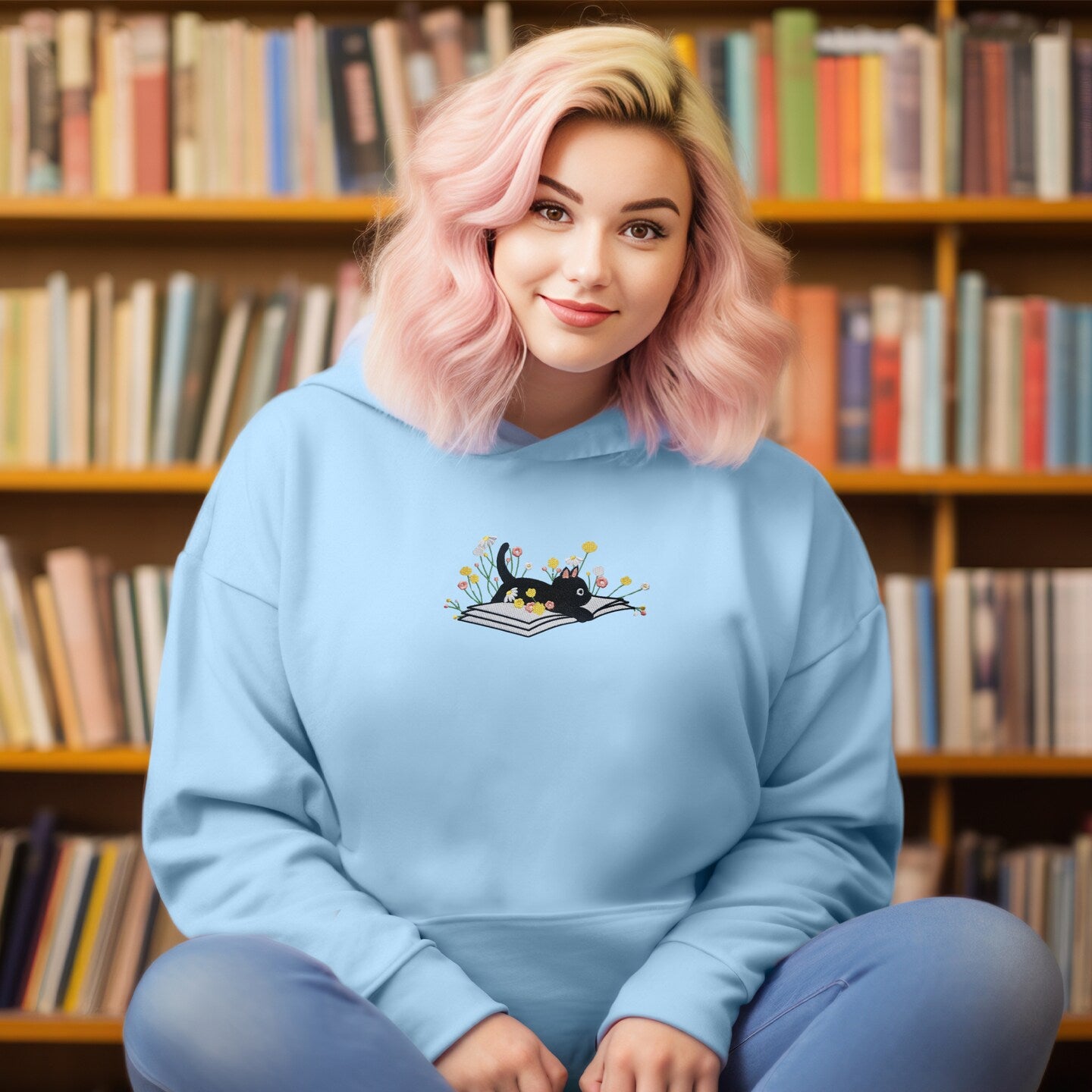 Embroidered Cat on Book Sweatshirt Sweater Cute Comfy Pullover Present Unisex Hoodie Embroidered Custom Crewneck Sweatshirt for Women