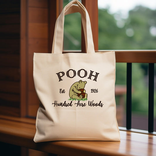 Personalized Embroidered Hundred Acre Woods Canvas Book Bag Reusable Grocery Sack Custom Shopping Bag Canvas Book Tote Mother's Day Gift