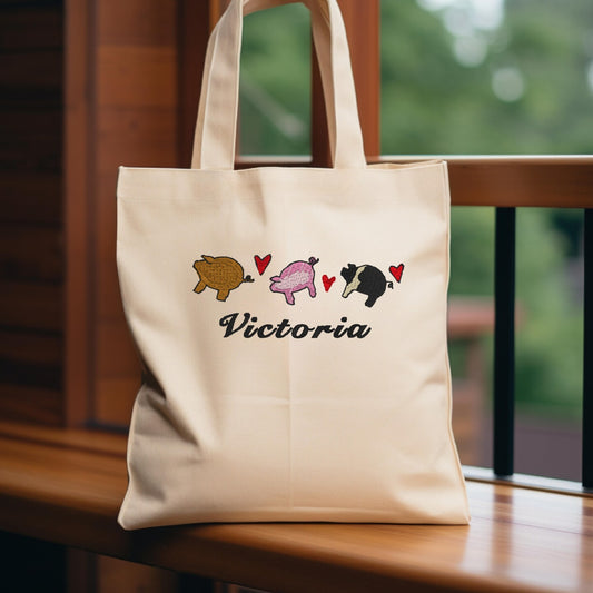 Personalized Embroidered Pigs Canvas Book Bag Reusable Grocery Sack Custom Shopping Bag Canvas Book Tote Mother's Day Gift