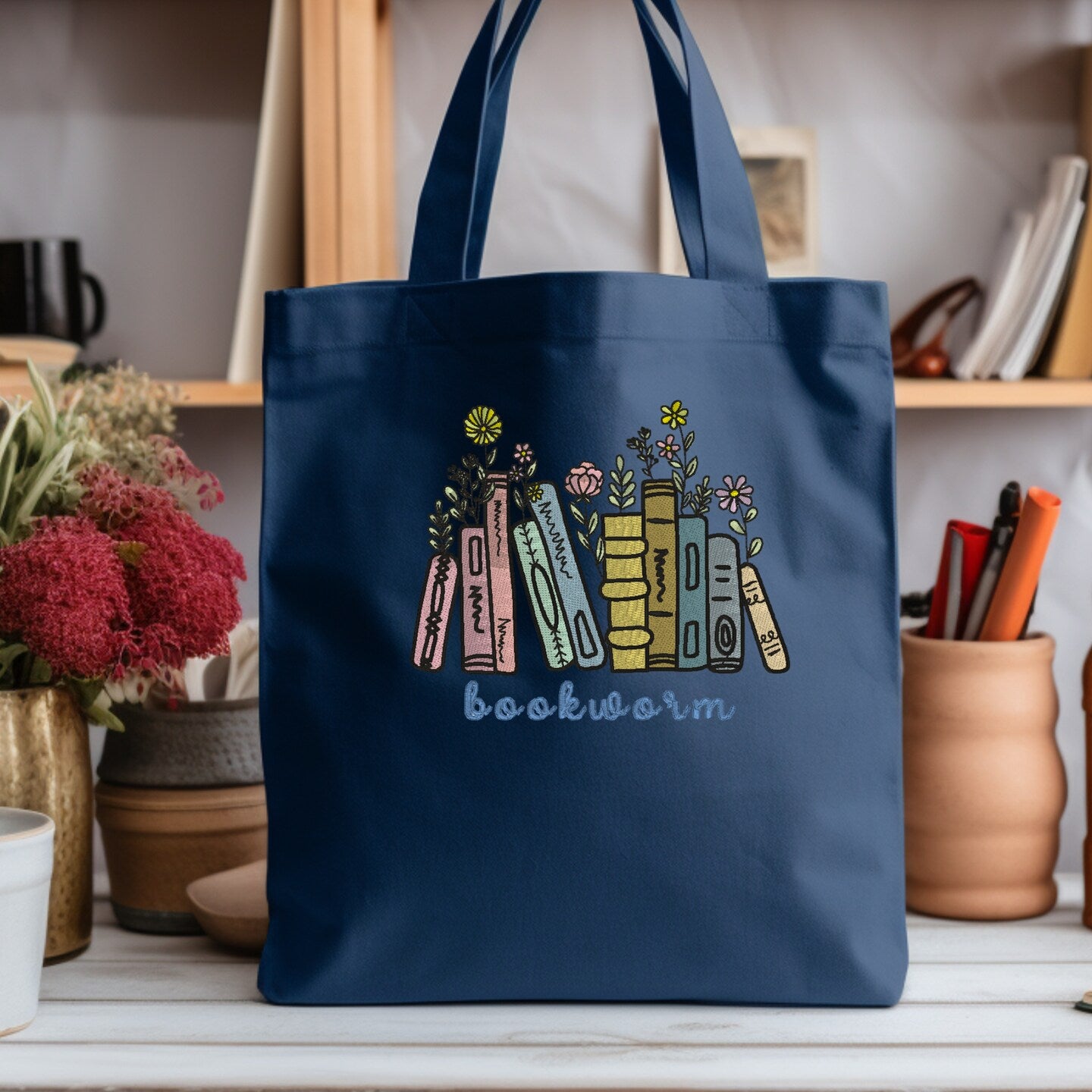 Embroidered Canvas Book Bag Reusable Grocery Sack Custom Shopping Bag Canvas Book Tote Mother's Day Gift Bag Present for Readers