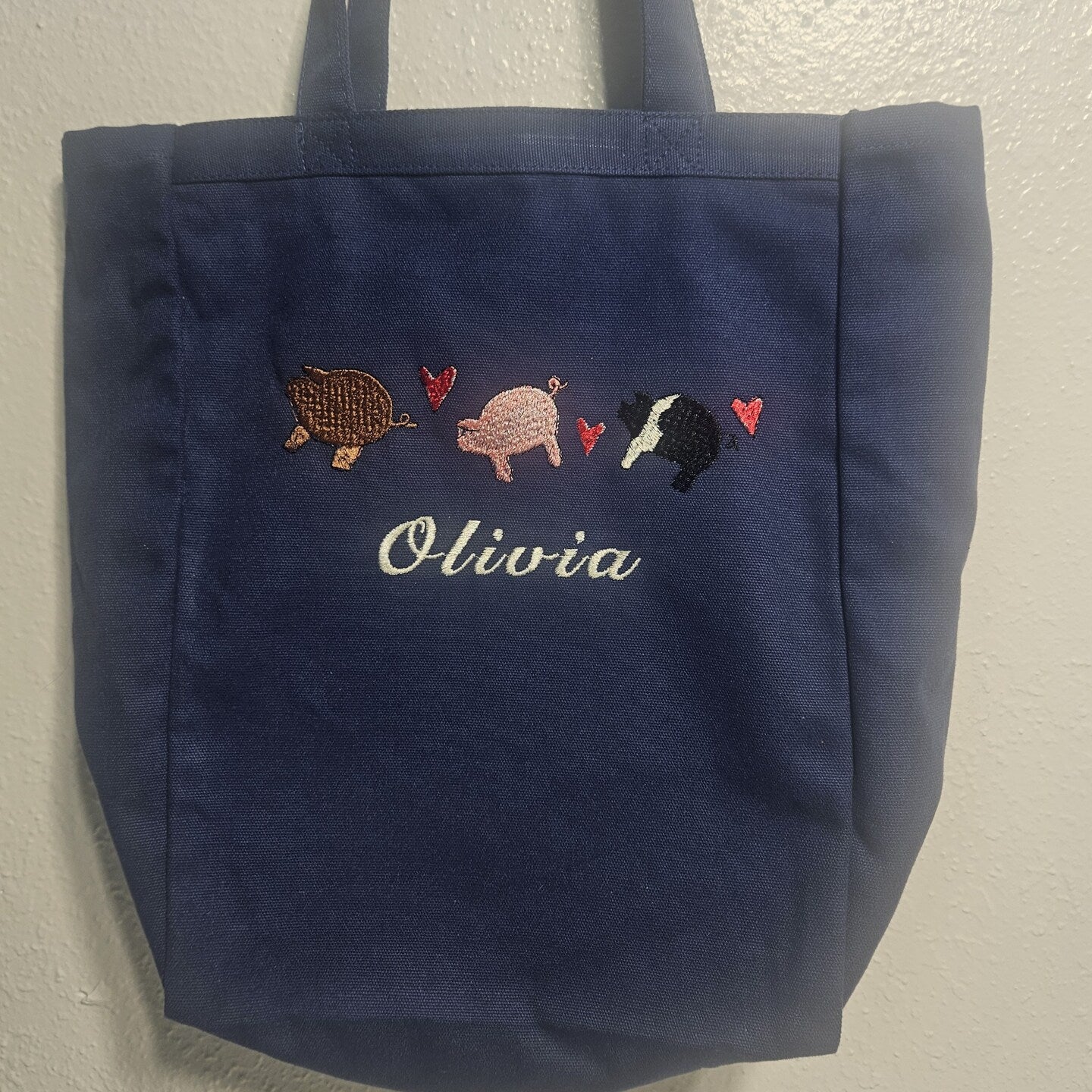 Personalized Embroidered Pigs Canvas Book Bag Reusable Grocery Sack Custom Shopping Bag Canvas Book Tote Mother's Day Gift