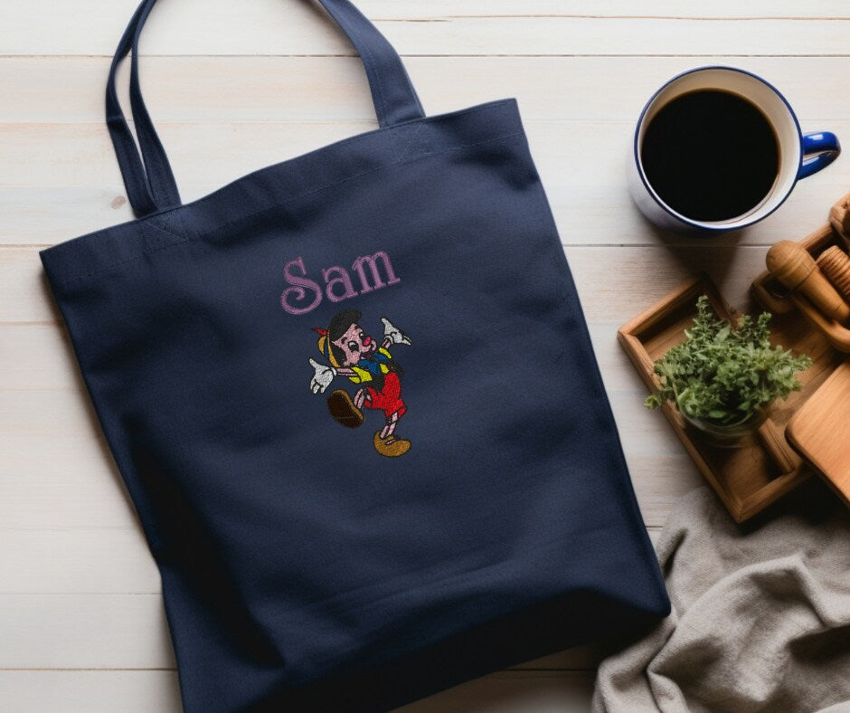 Personalized Embroidered Pinocchio Canvas Book Bag Reusable Grocery Sack Custom Shopping Bag Canvas Book Tote Mother's Day Gift