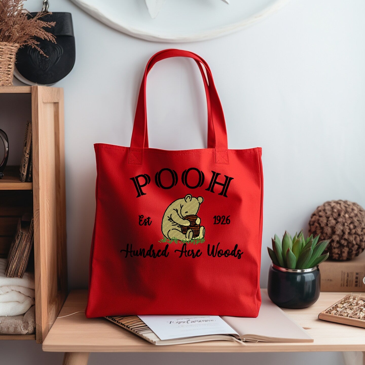 Personalized Embroidered Hundred Acre Woods Canvas Book Bag Reusable Grocery Sack Custom Shopping Bag Canvas Book Tote Mother's Day Gift