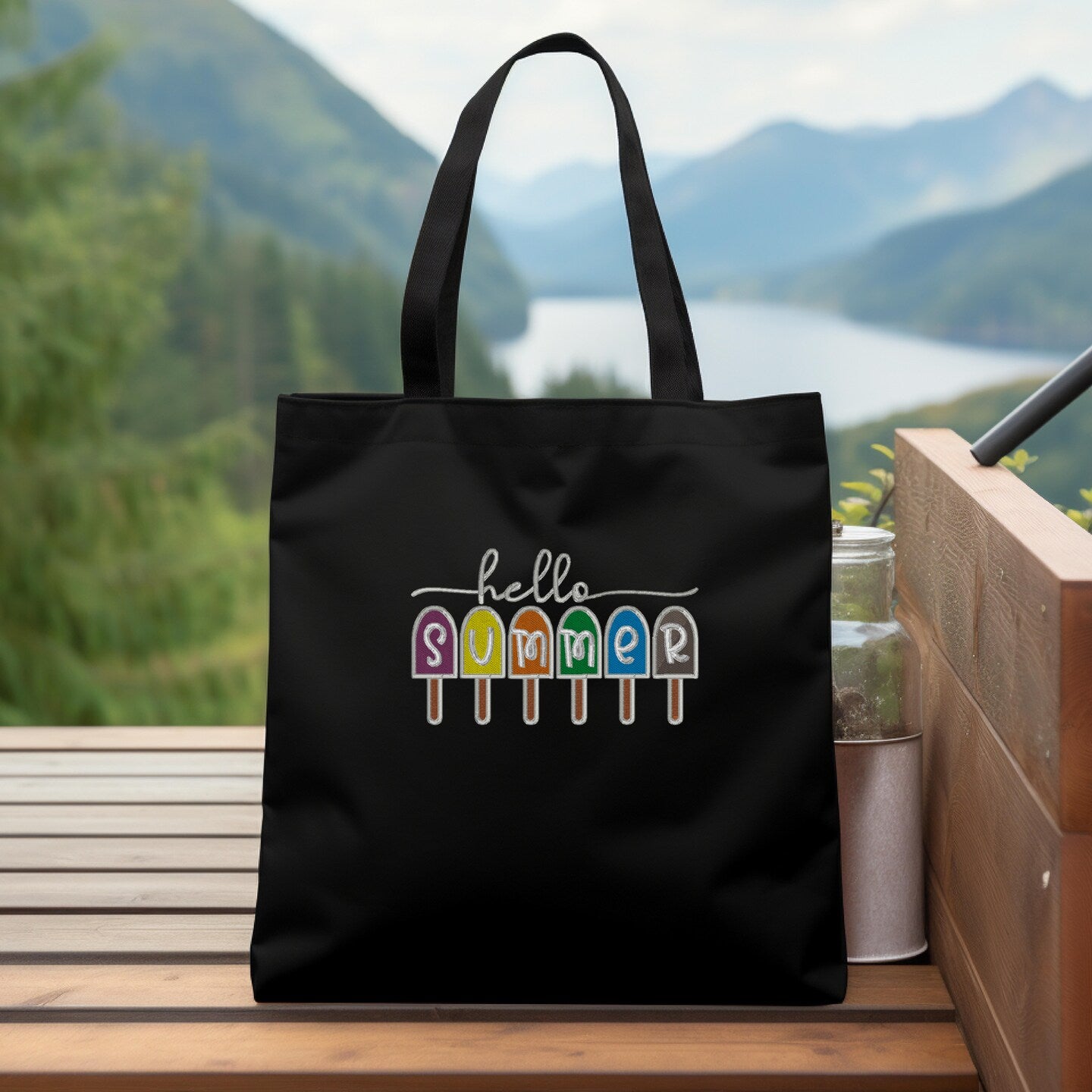 Personalized Embroidered Hello Summer Canvas Book Bag Reusable Grocery Sack Custom Shopping Bag Canvas Book Tote Mother's Day Gift