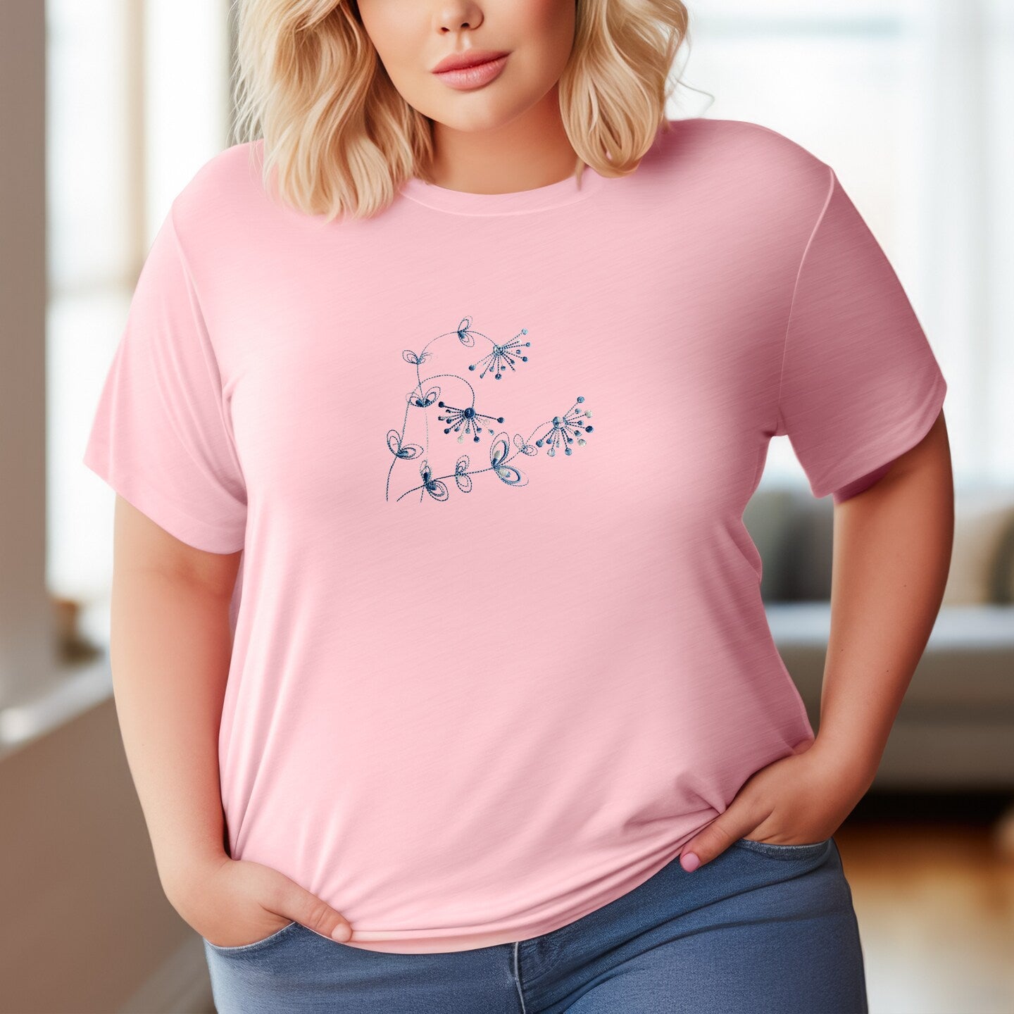 Embroidered Flower T-shirt Fun Mother's Day Shirt Gift Soft Comfy Pullover Tee Unisex Custom Crewneck Shirt