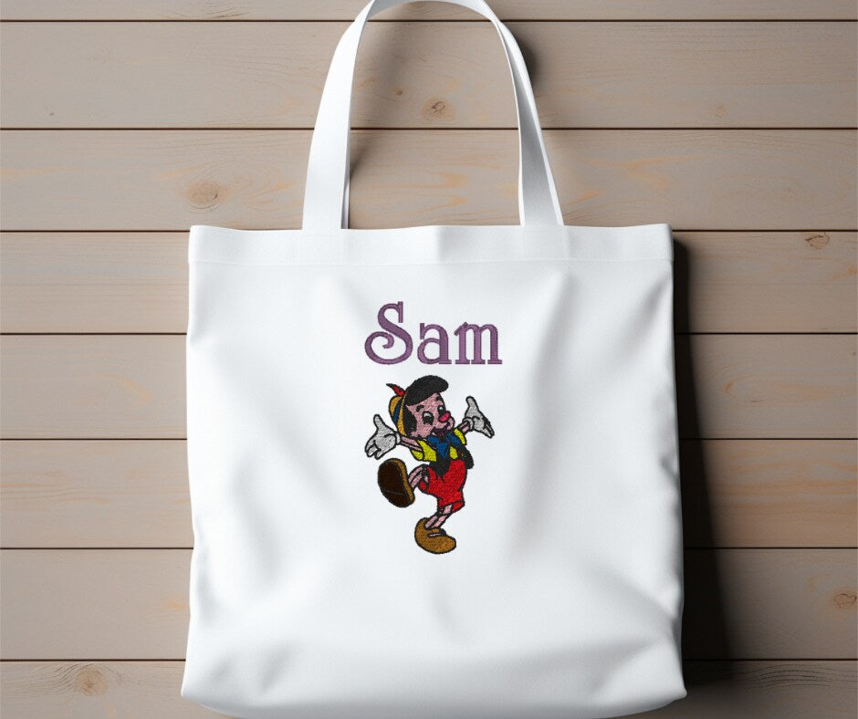 Personalized Embroidered Pinocchio Canvas Book Bag Reusable Grocery Sack Custom Shopping Bag Canvas Book Tote Mother's Day Gift