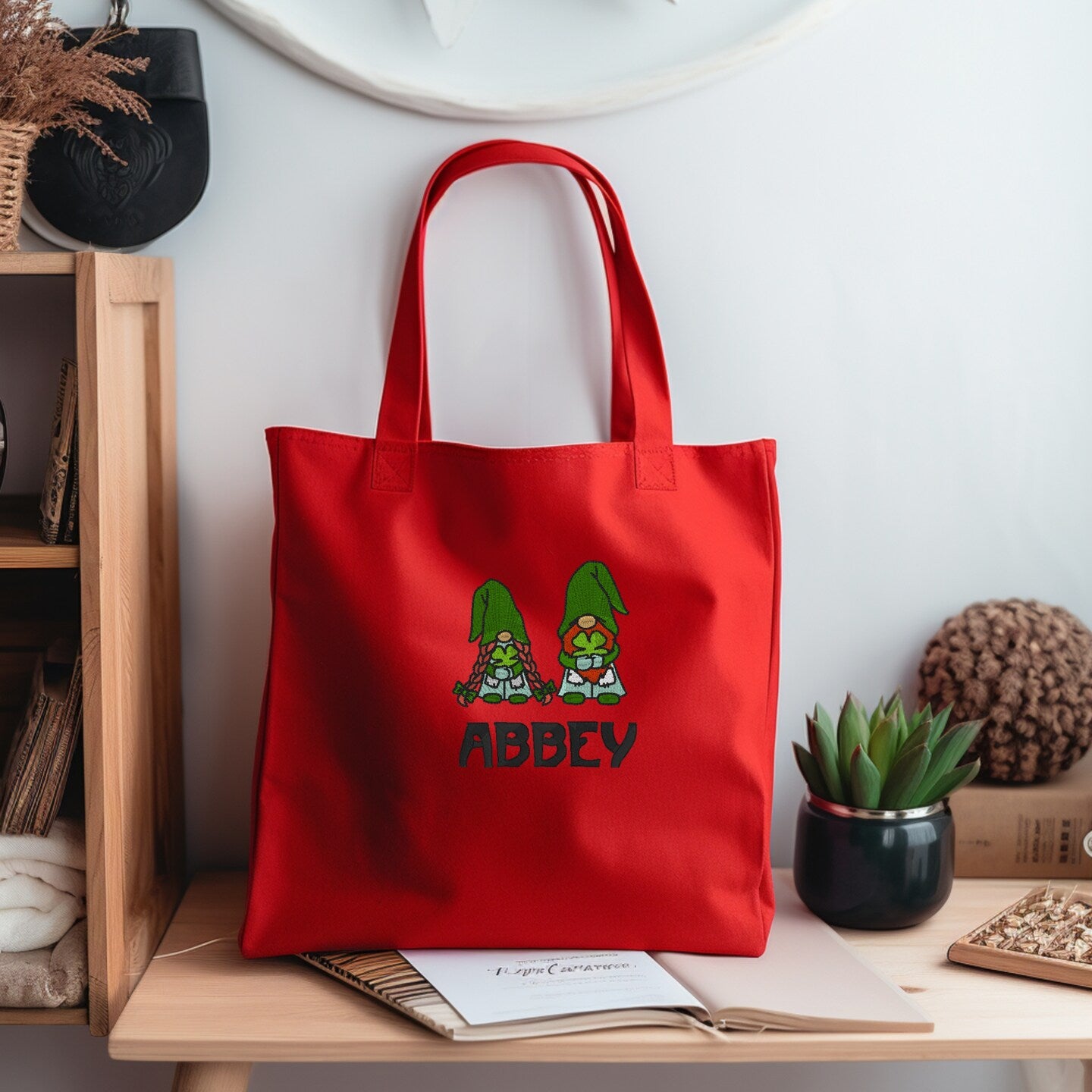 Personalized Embroidered Saint Patrick Day Gnomes Canvas Book Bag Reusable Grocery Sack Custom Shopping Bag Canvas Tote Mother's Day Gift