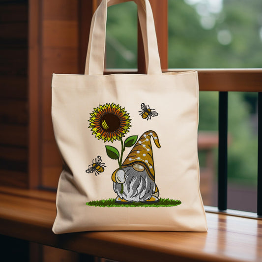 Personalized Embroidered Sunflower Gnome Canvas Book Bag Reusable Grocery Sack Custom Shopping Bag Canvas Book Tote Mother's Day Gift