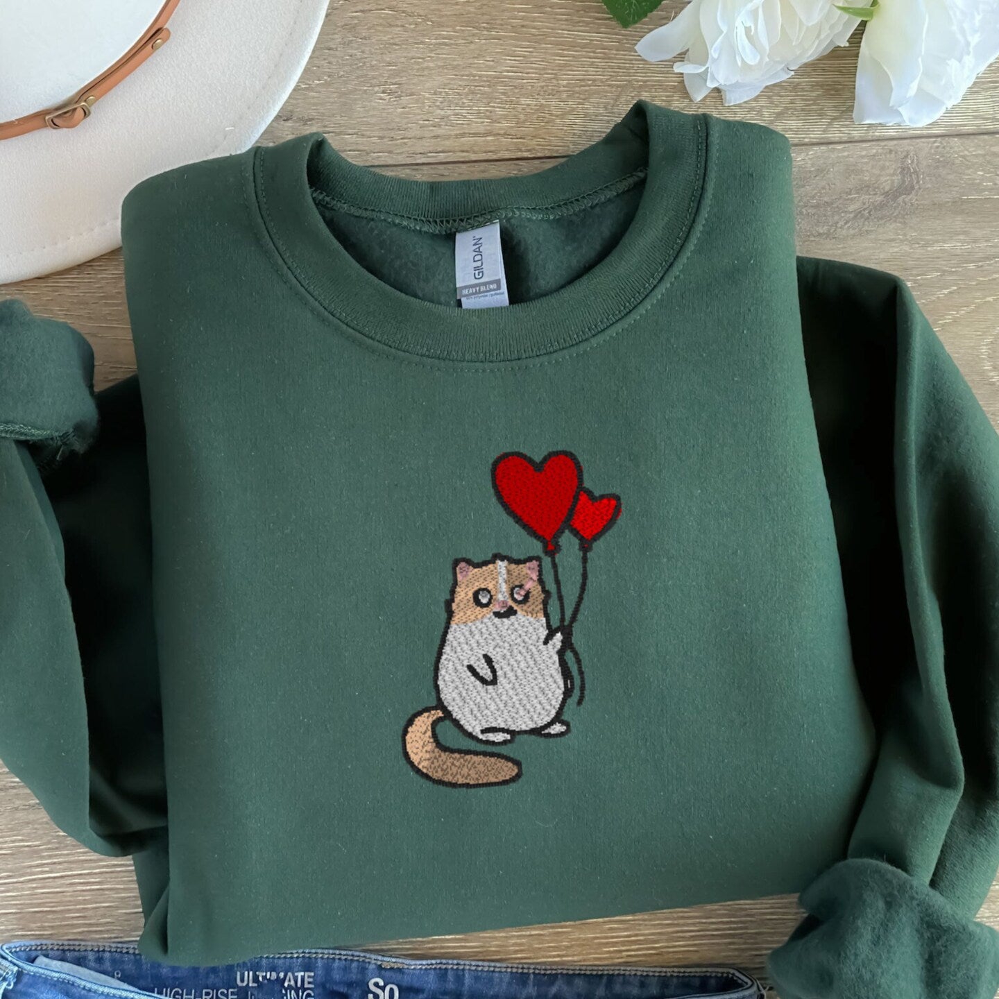 Embroidered Sweatshirt Cat with Balloon Fun Mother's Day Gift Soft Comfy Sweater Present Unisex Hoodie Custom Crewneck Sweatshirt