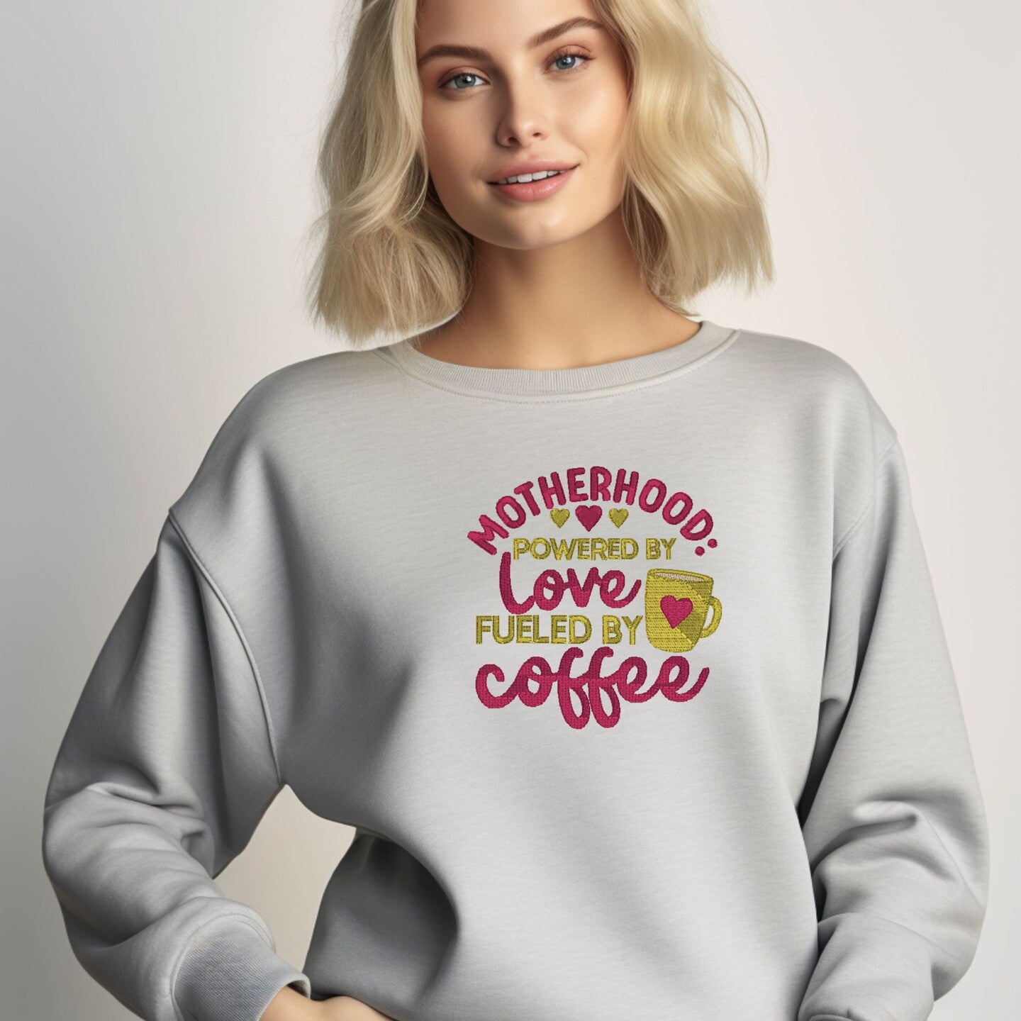 Embroidered Sweatshirt Motherhood is Fueled by Coffee Mother's Day Gift Soft Sweater Present Unisex Hoodie Custom Crewneck Sweatshirt