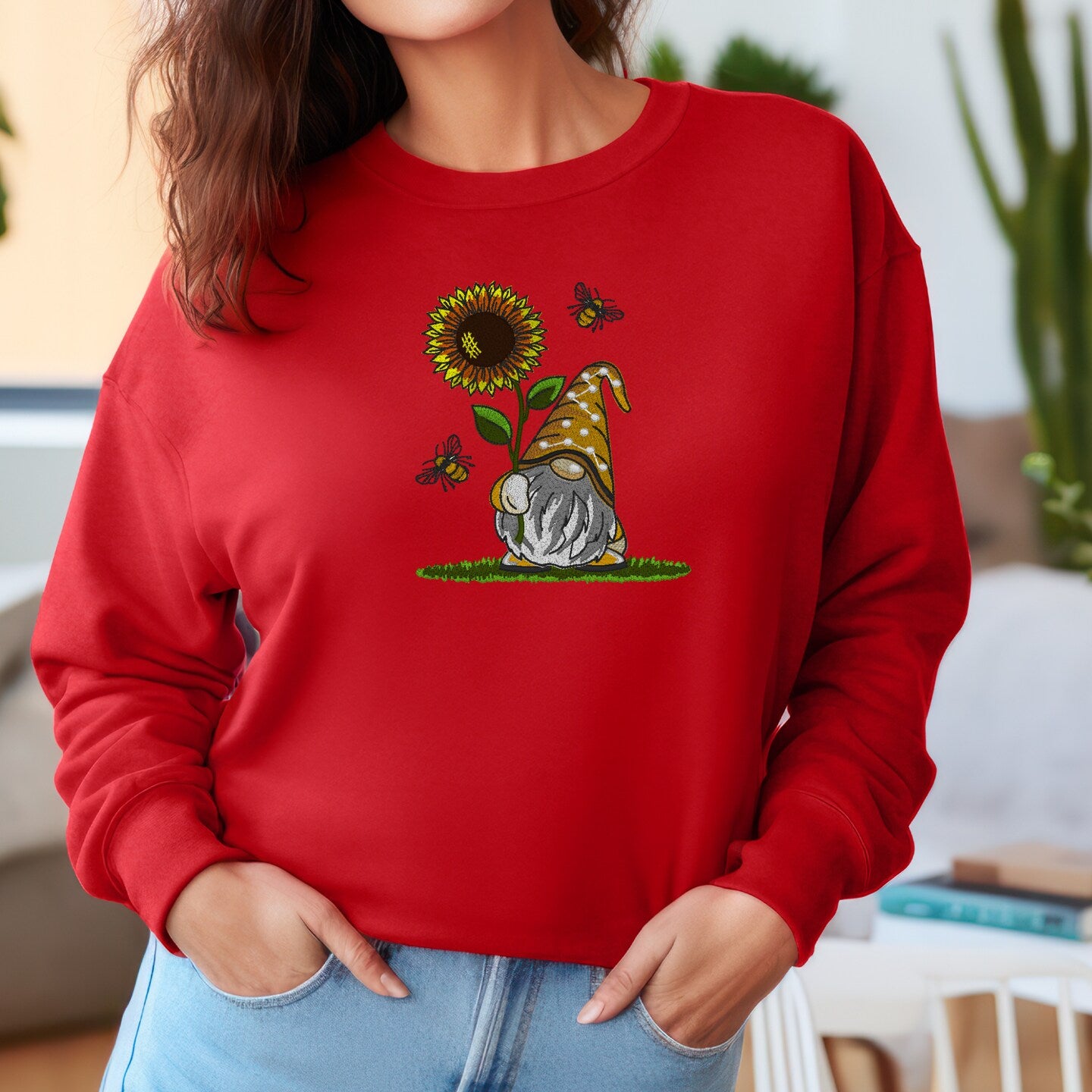 Embroidered Sweatshirt Sunflower Gnome Mother's Day Gift Soft Comfy Sweater Present Unisex Hoodie Custom Crewneck Sweatshirt