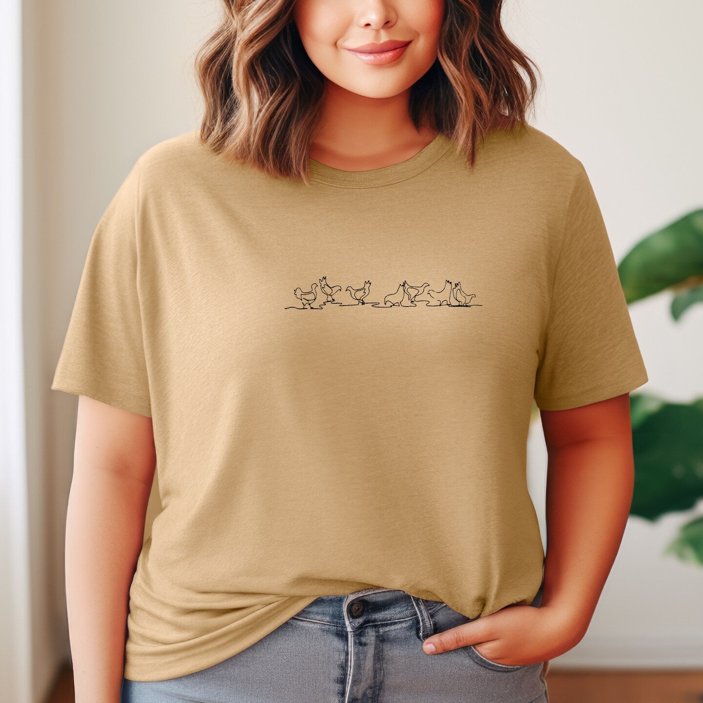 Embroidered T-shirt Chickens Womens Tee Shirt Gift Unisex Comfy Pullover Shirt Teen Present Embroidered Custom Crewneck T-shirt