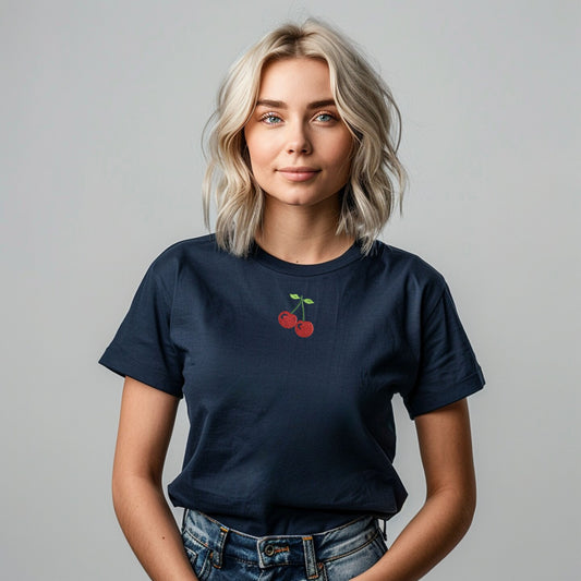 Embroidered Cherry T-shirt Womens Tee Shirt Gift Unisex Comfy Pullover Shirt Teen Present Embroidered Custom Crewneck T-shirt