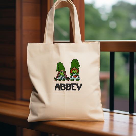 Personalized Embroidered Saint Patrick Day Gnomes Canvas Book Bag Reusable Grocery Sack Custom Shopping Bag Canvas Tote Mother's Day Gift