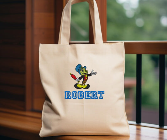 Personalized Embroidered Jiminy Cricket Canvas Book Bag Reusable Grocery Sack Custom Shopping Bag Canvas Book Tote Mother's Day Gift