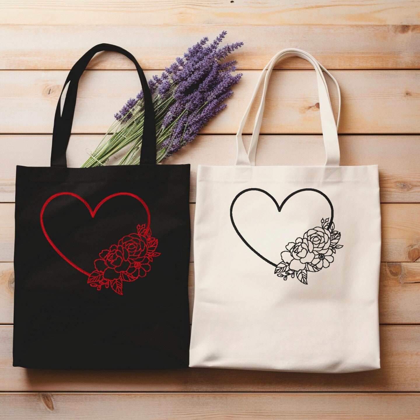 Personalized Embroidered Floral Heart Canvas Book Bag Reusable Grocery Sack Custom Shopping Bag Canvas Book Tote Mother's Day Gift