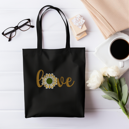 Personalized Embroidered Sunflower Love Canvas Book Bag Reusable Grocery Sack Custom Shopping Bag Canvas Book Tote Mother's Day Gift