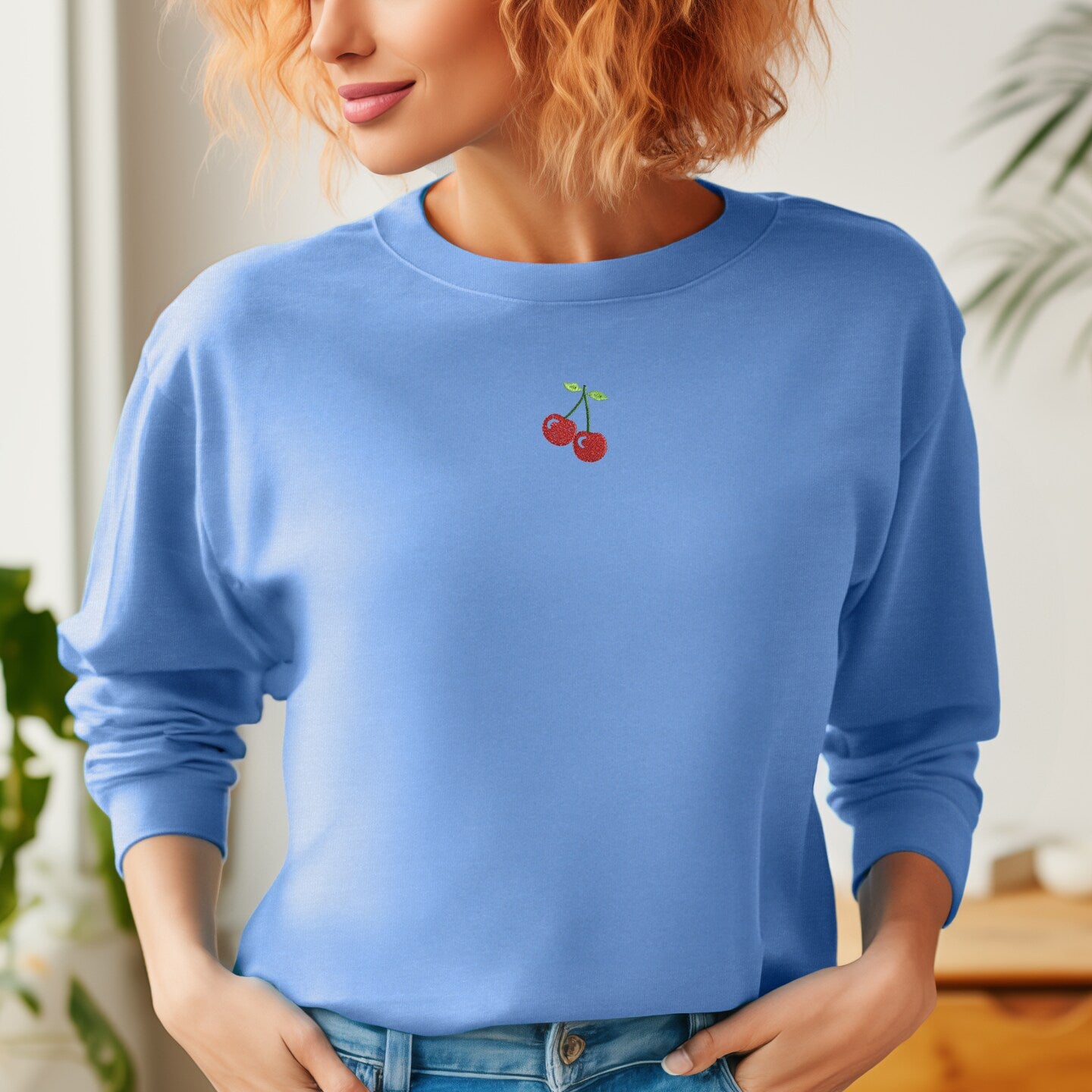 Embroidered Sweatshirt Cherry Womens Sweater Gift Comfy Pullover Unisex Hoodie Embroidered Custom Crewneck Sweatshirt for Mom