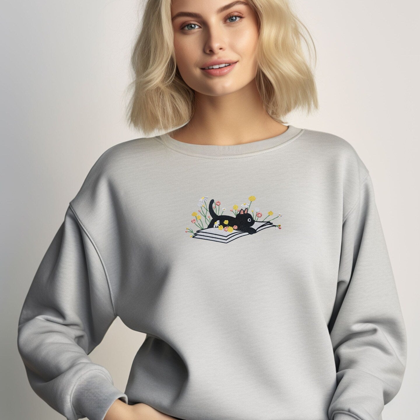 Embroidered Cat on Book Sweatshirt Sweater Cute Comfy Pullover Present Unisex Hoodie Embroidered Custom Crewneck Sweatshirt for Women