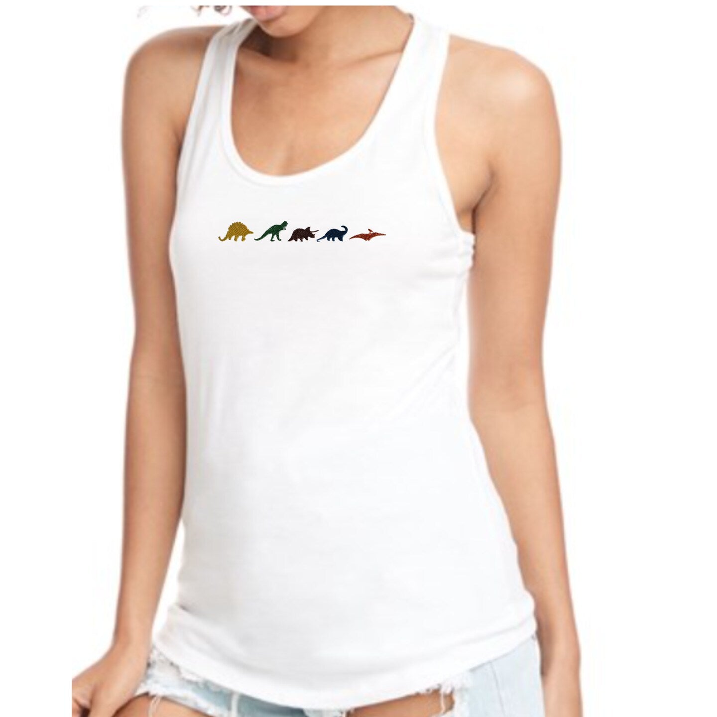 Embroidered Dinosaur Tank Top Womens Tank Shirt Gift Unisex Comfy Pullover Shirt Teen Present Embroidered Custom Crewneck Tank Top for Mom