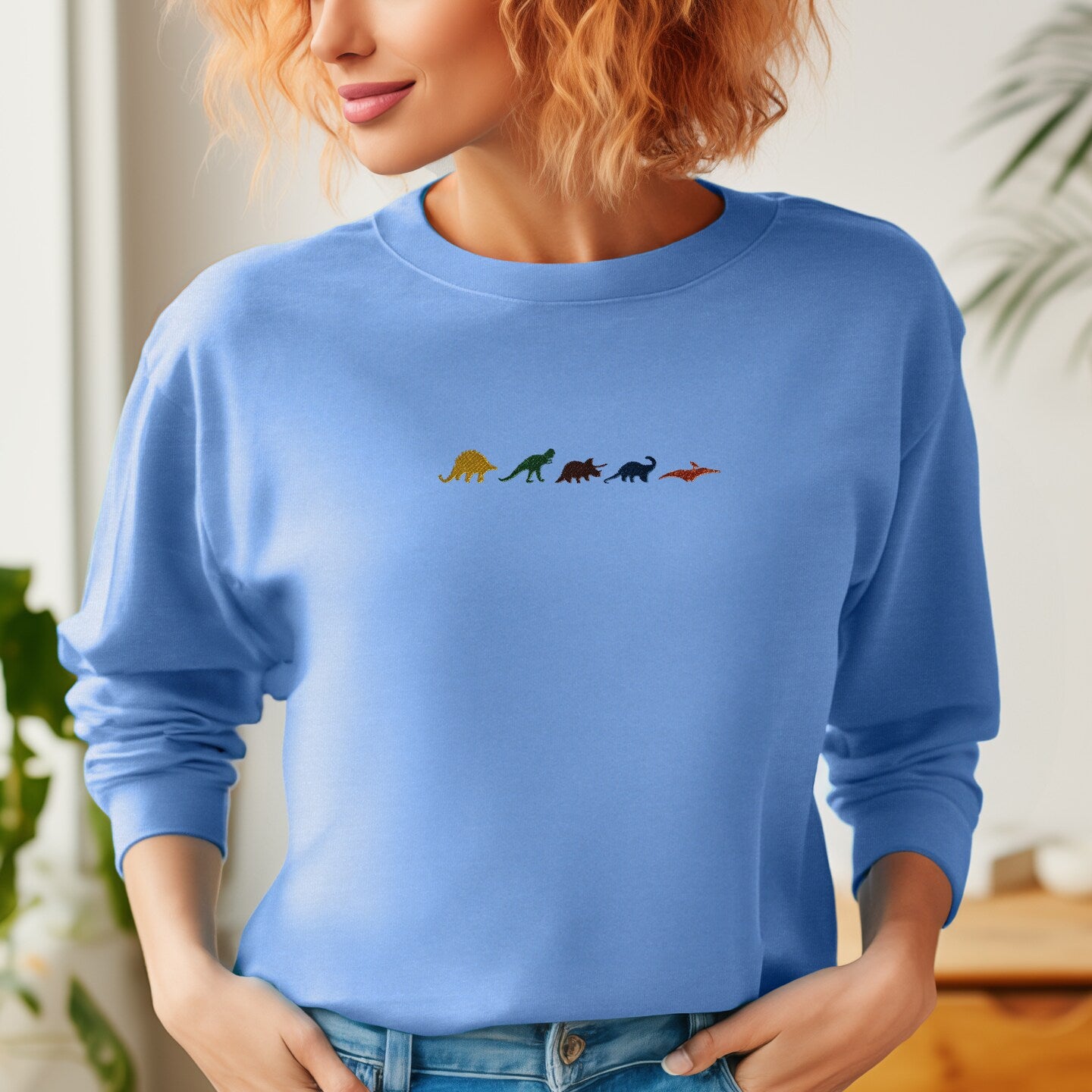 Embroidered Sweatshirt Dinosaur Sweater Gift Comfy Women's and Men's Pullover Present Unisex Hoodie Embroidered Custom Crewneck Sweatshirt