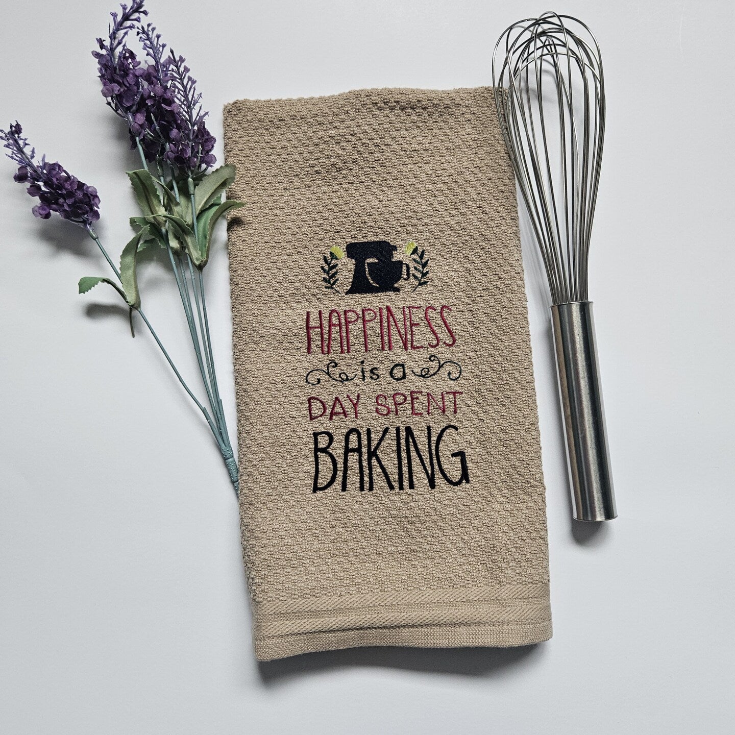 Embroidered Kitchen Towel Happiness Baking Thank You Gift Home Decor Cloth Custom Embroidered Tea Towel Housewarming Present Wedding Gift