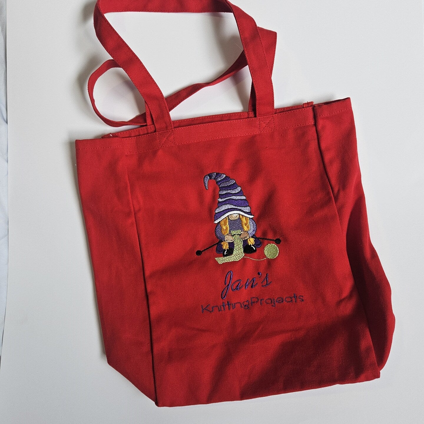 Personalized Embroidered Gnome Knitting Bag Reusable Grocery Sack Custom Shopping Bag Embroidered Canvas Book Tote for Mom Birthday Gift Bag