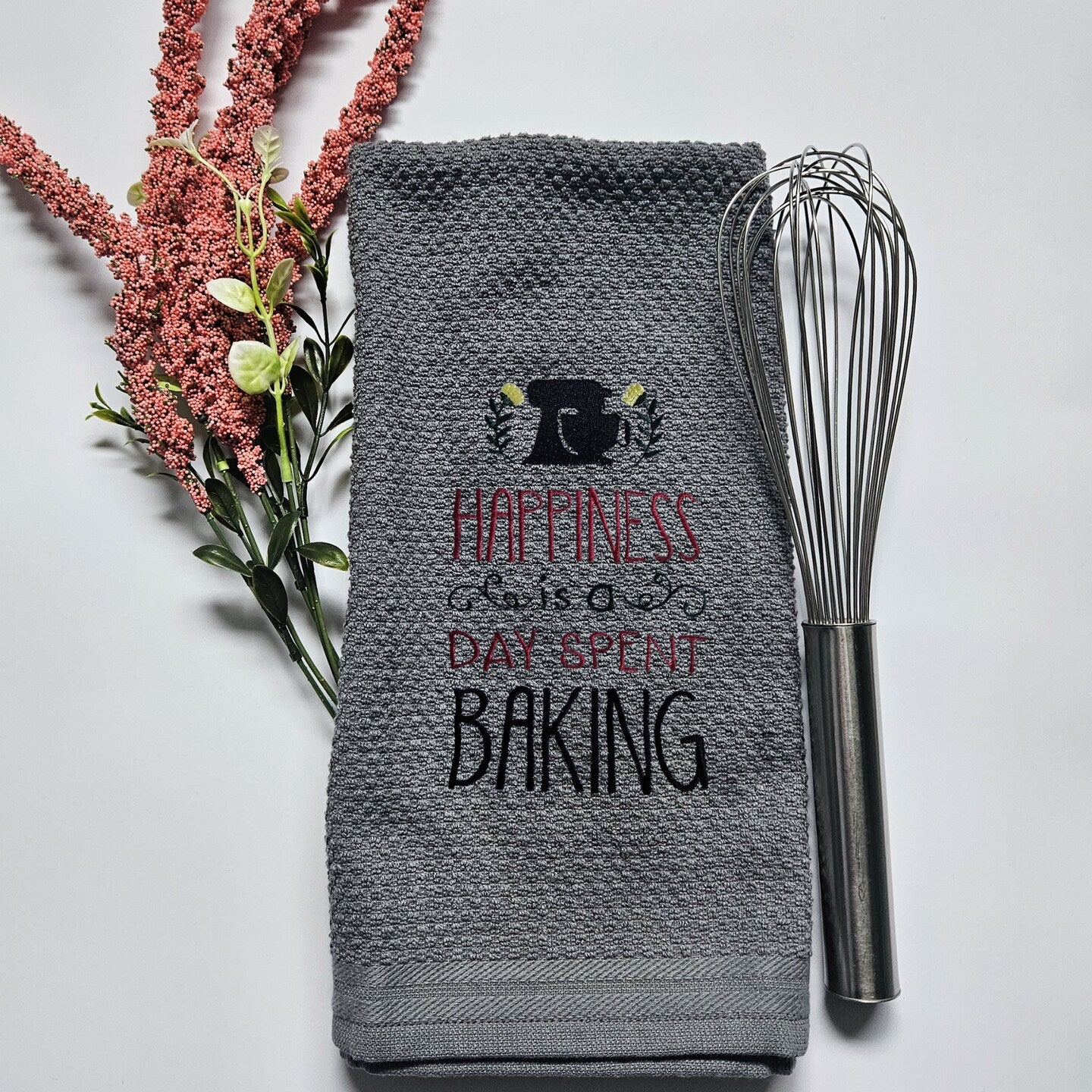 Embroidered Kitchen Towel Happiness Baking Thank You Gift Home Decor Cloth Custom Embroidered Tea Towel Housewarming Present Wedding Gift