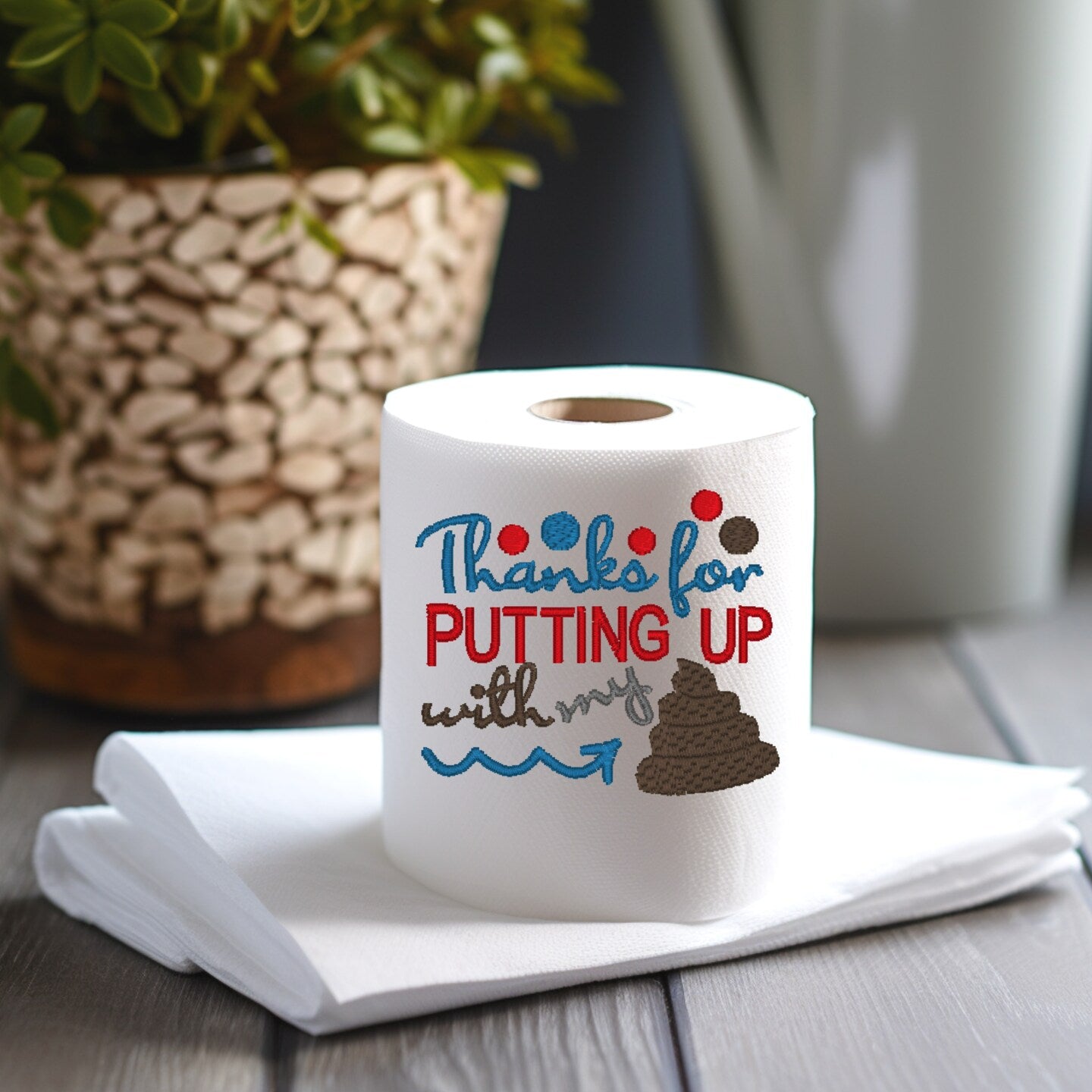 Embroidered Toilet Paper Thank you, Work, Bathroom Decor White Elephant Present Gag Gift TP Decoration